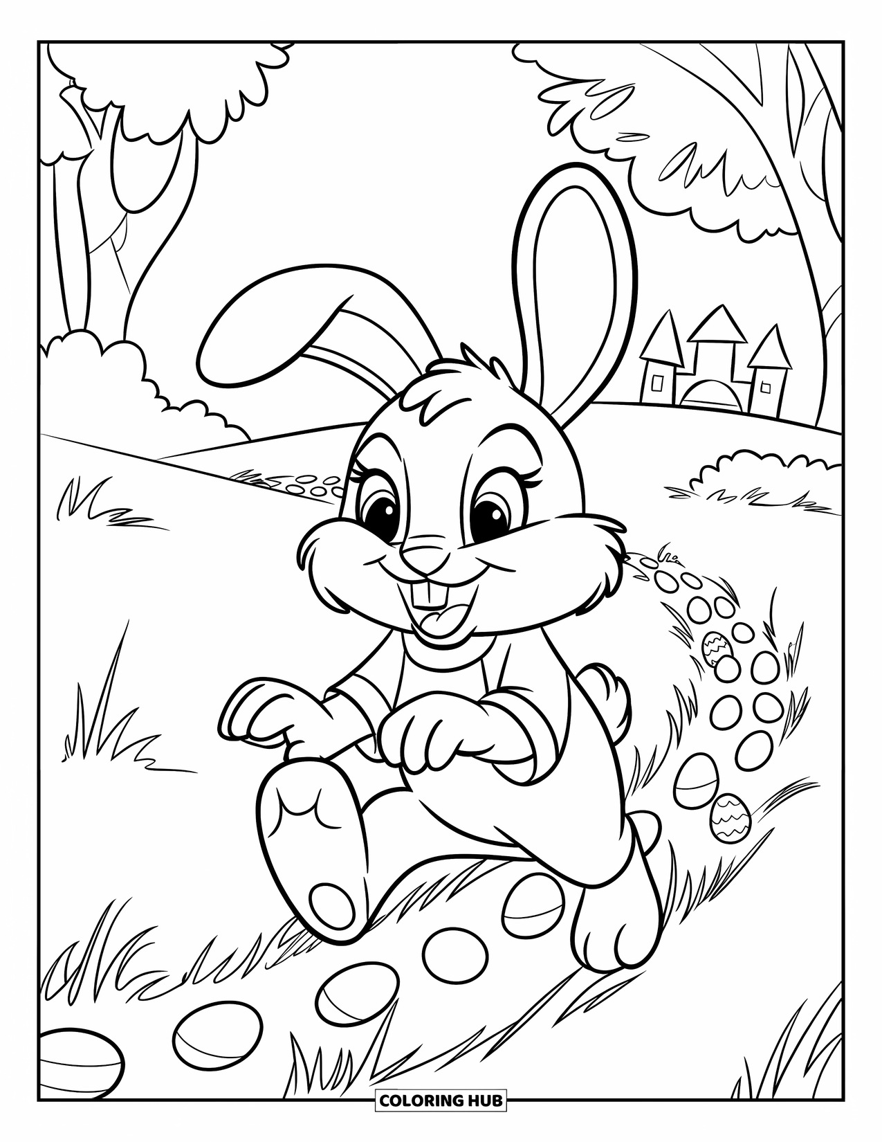 Kolorowanka z Królikiem Wielkanocnym dla dzieci: Królik w czerwonym stroju skacze po trawiastym polu, zostawiając za sobą małe pisanki