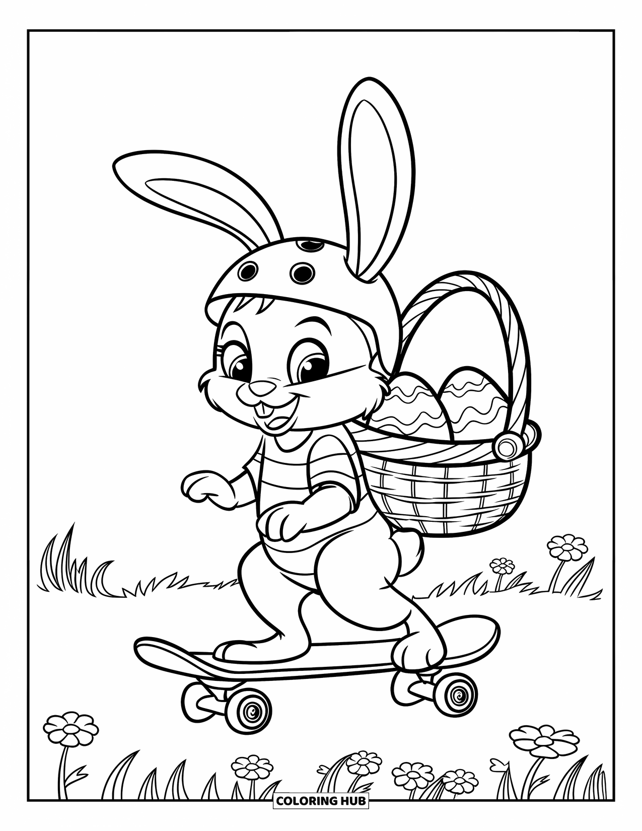 Kolorowanka z Królikiem Wielkanocnym dla dzieci: Królik w pasiastym T-shircie i kasku jeździ na deskorolce z podskakującymi jajkami na łące