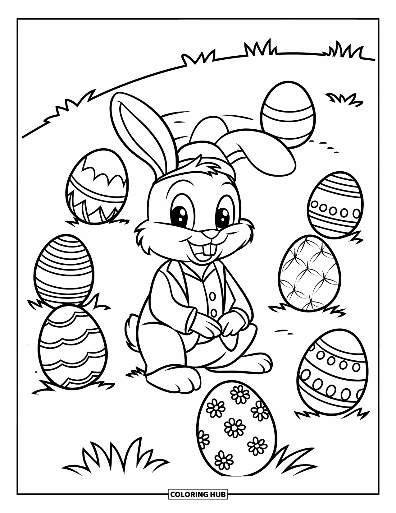 Kolorowanka z Królikiem Wielkanocnym dla dzieci: Królik w garniturze i kapeluszu siedzi na trawiastym wzgórzu, otoczony ozdobionymi pisankami