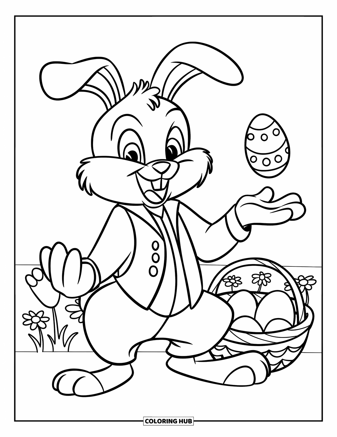 Kolorowanka z Królikiem Wielkanocnym dla dzieci: Królik w garniturze i kamizelce żartobliwie podrzuca jajko, a u jego stóp leży koszyk z jajkami