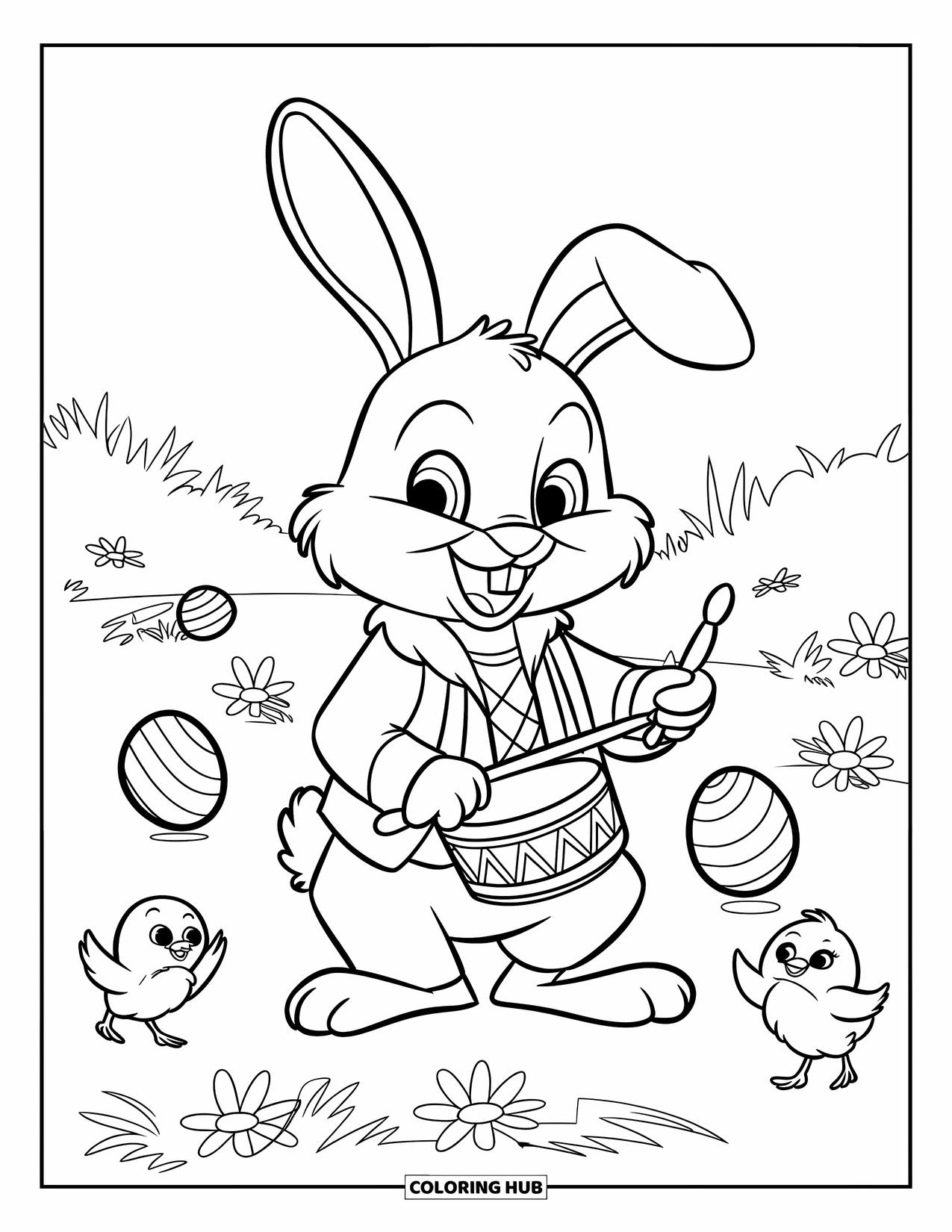 Kolorowanka z Królikiem Wielkanocnym dla dzieci: Królik w kamizelce i kapeluszu gra na bębnie, a malutkie kurczaczki skaczą dookoła na ukwieconym polu