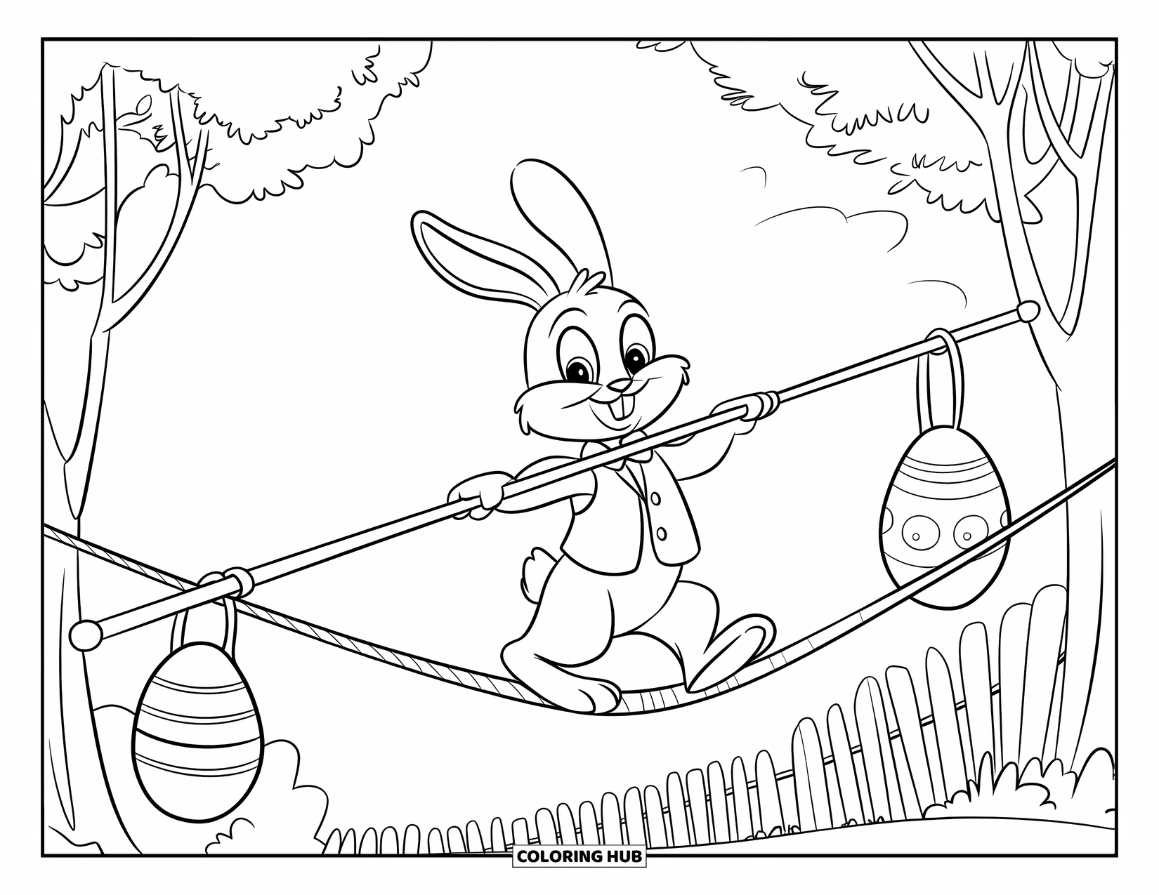 Kolorowanka z Królikiem Wielkanocnym dla dzieci: Królik w kamizelce balansuje na wysoko zawieszonej linie, a daleko w dole widać drzewa i płot
