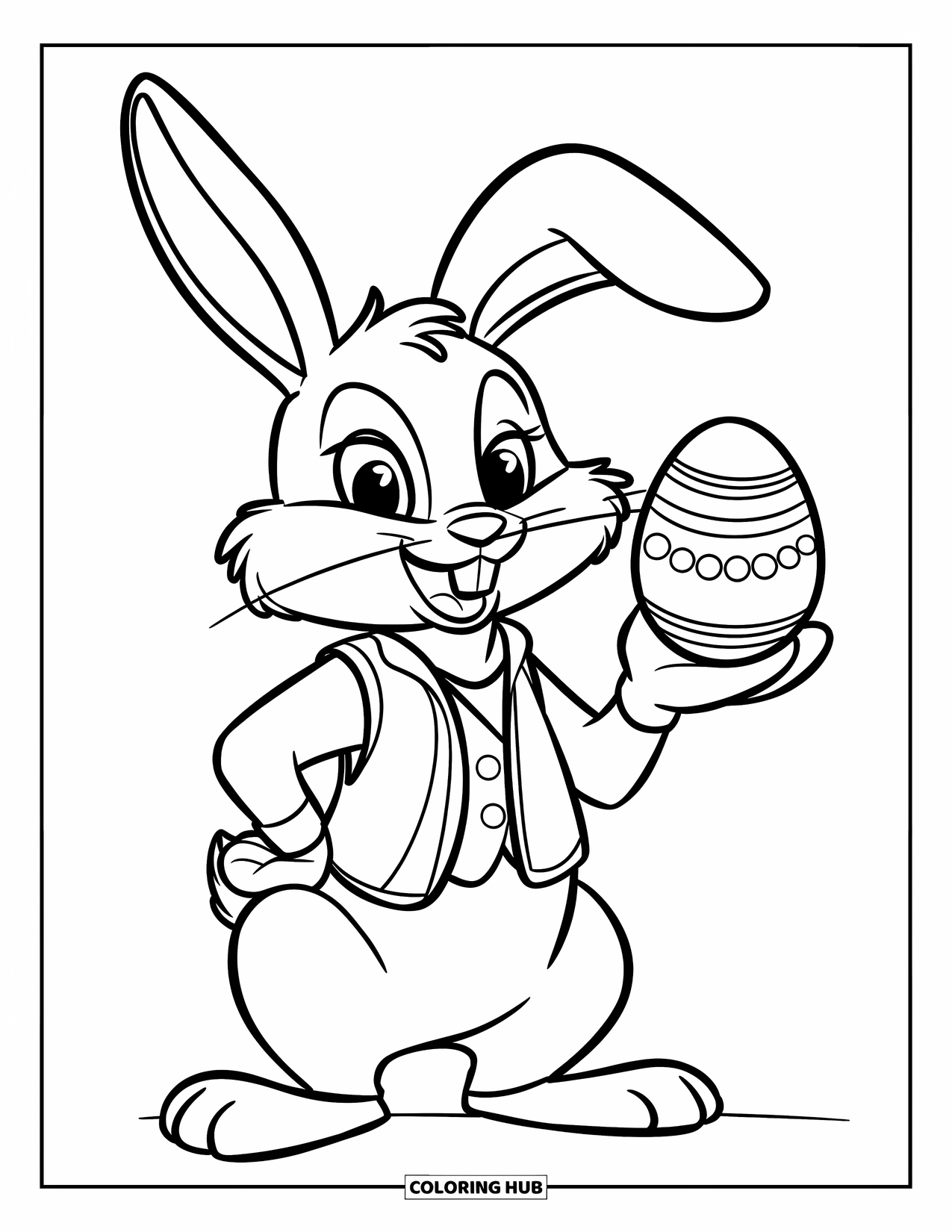 Kolorowanka z Królikiem Wielkanocnym dla dzieci: Królik w kamizelce pewnie prezentuje jajko, jakby wykonywał magiczną sztuczkę
