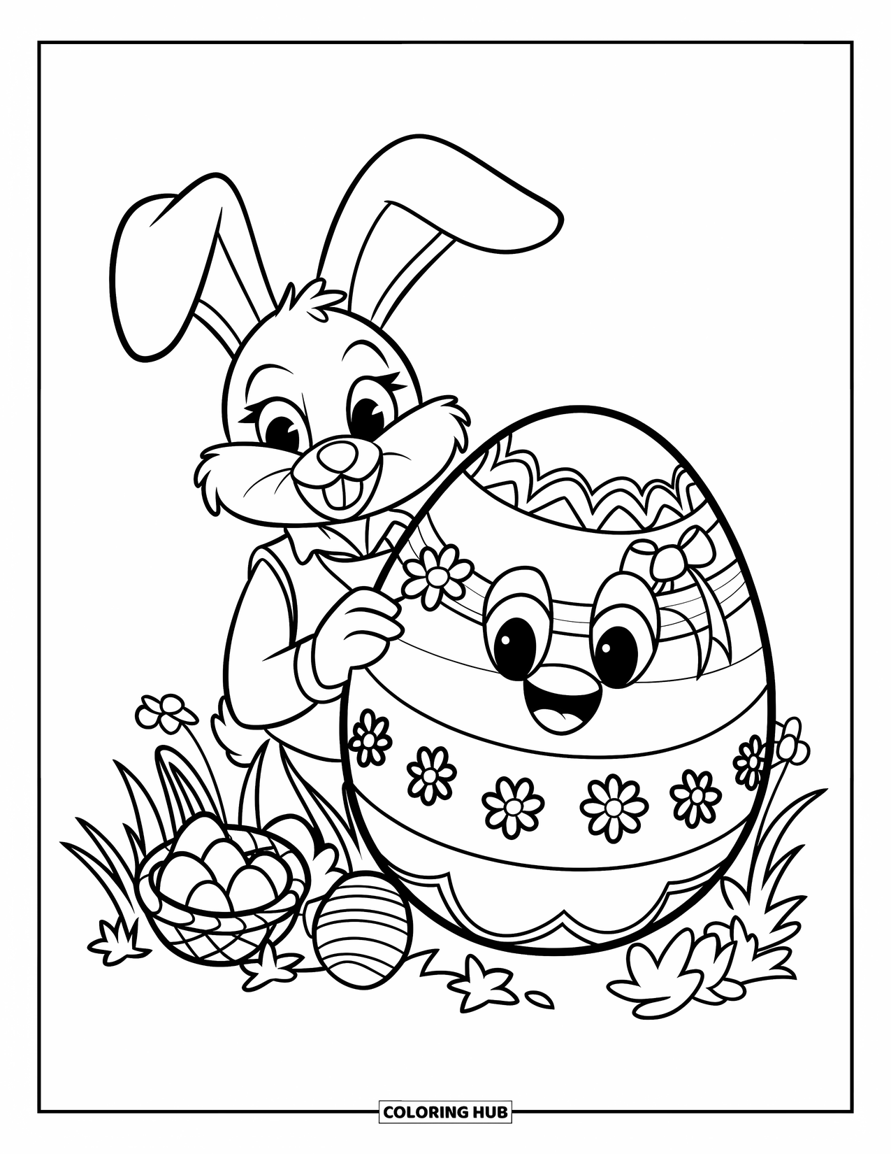 Kolorowanka z Królikiem Wielkanocnym dla dzieci: Królik w kamizelce wygląda zza uśmiechniętego jajka wielkanocnego ozdobionego kwiatami