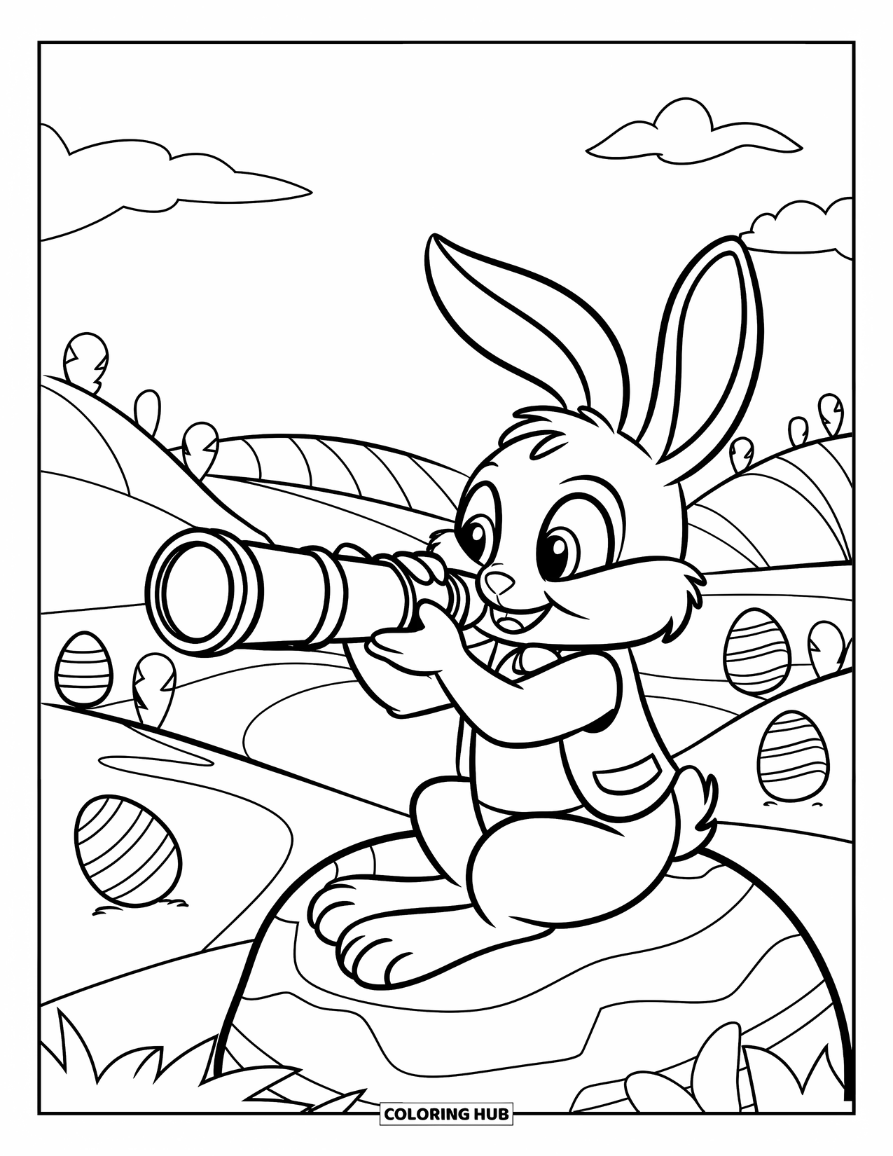 Kolorowanka z Królikiem Wielkanocnym dla dzieci: Królik w kamizelce siedzi na skale, używając teleskopu do znalezienia ukrytych pisanek