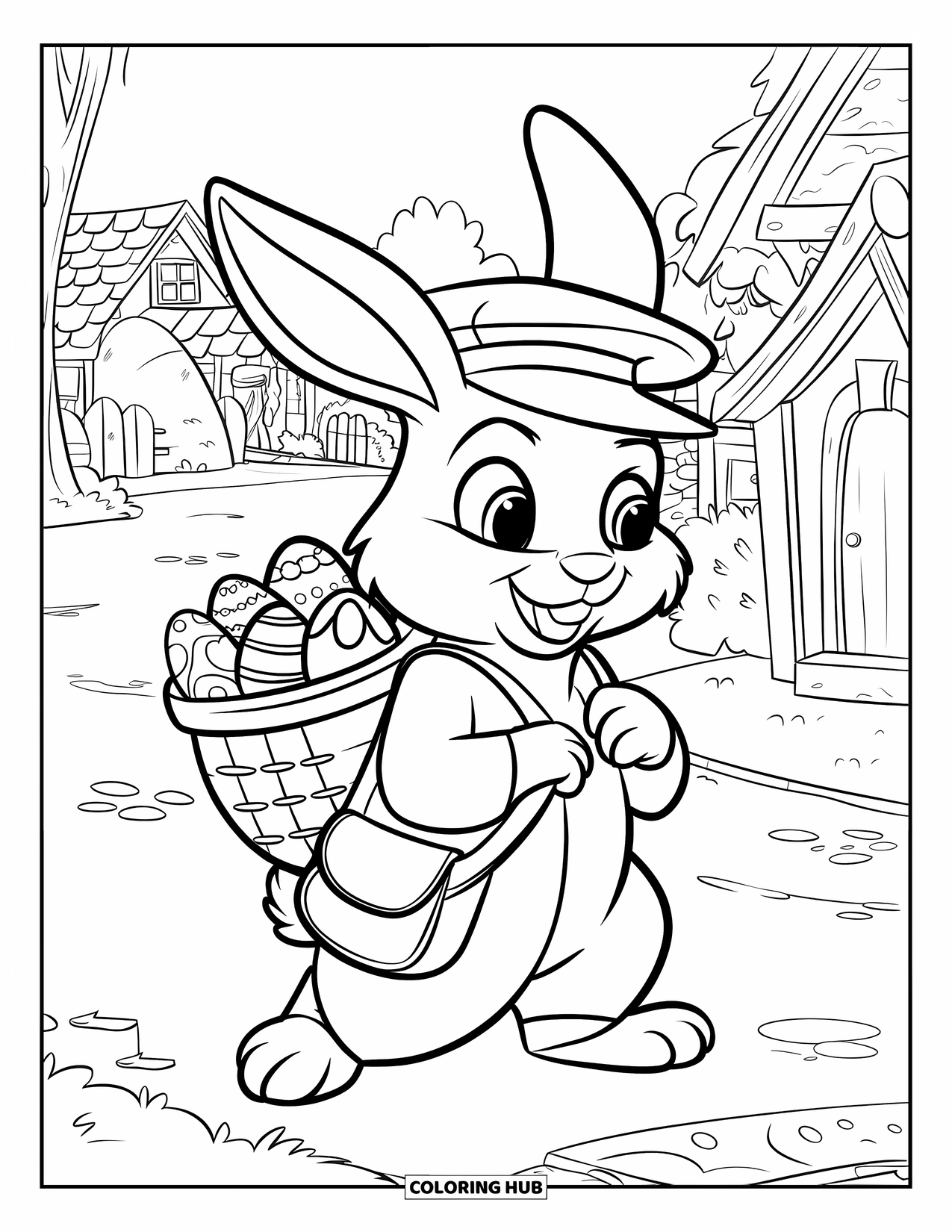 Kolorowanka z Królikiem Wielkanocnym dla dzieci: Królik listonosz niesie jajka w koszyku, idąc przez uroczą wioskę