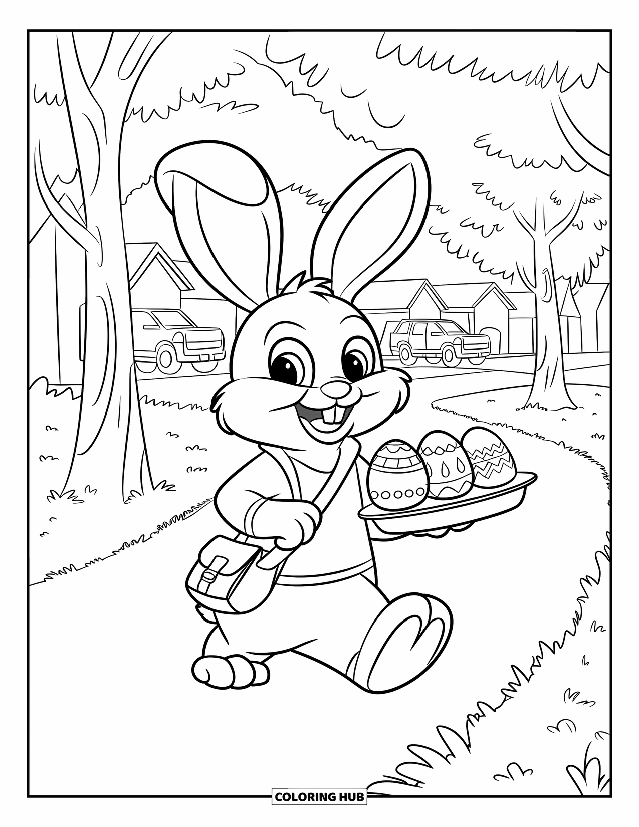 Kolorowanka z Królikiem Wielkanocnym dla dzieci: Królik listonosz idzie ścieżką obsadzoną drzewami, niosąc ozdobione jajka w małej torbie