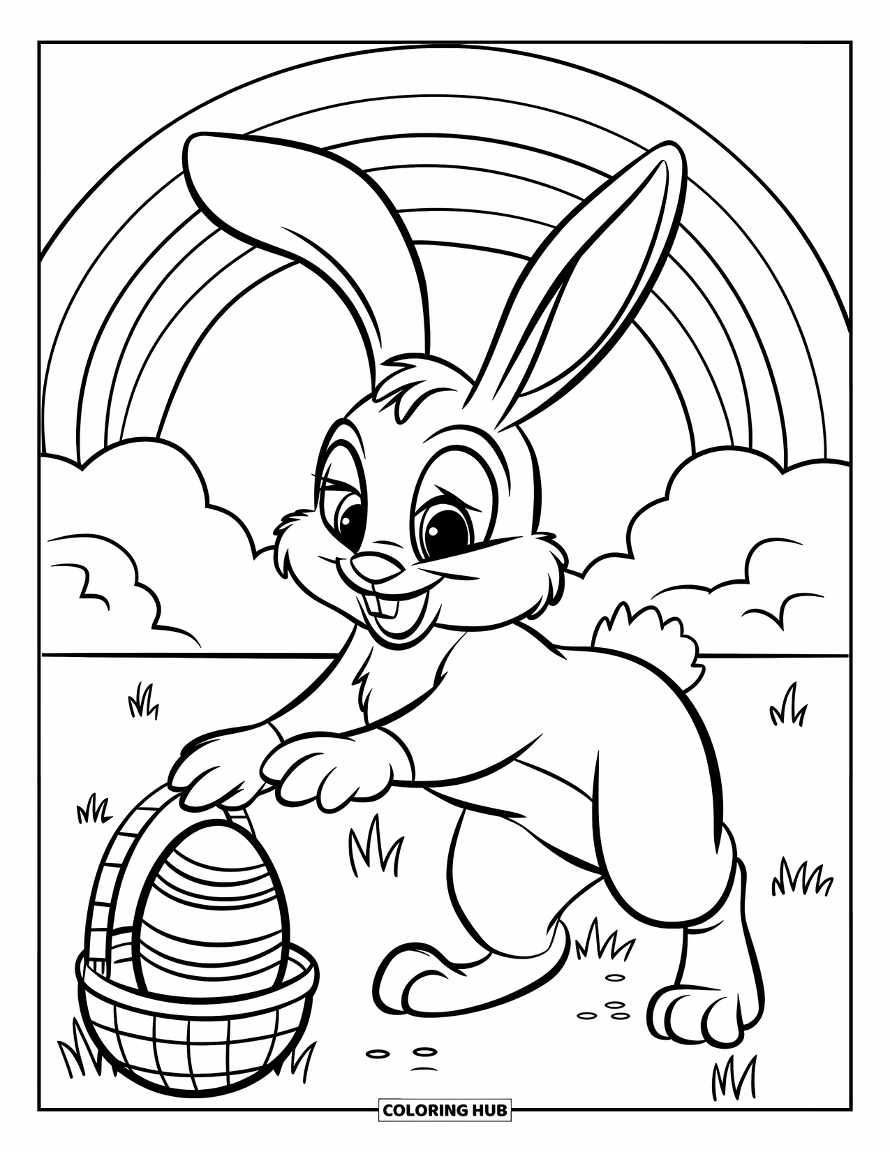 Kolorowanka z Królikiem Wielkanocnym dla dzieci: Królik sięga po pisankę na patyku, a za nim widać koszyk i tęczę