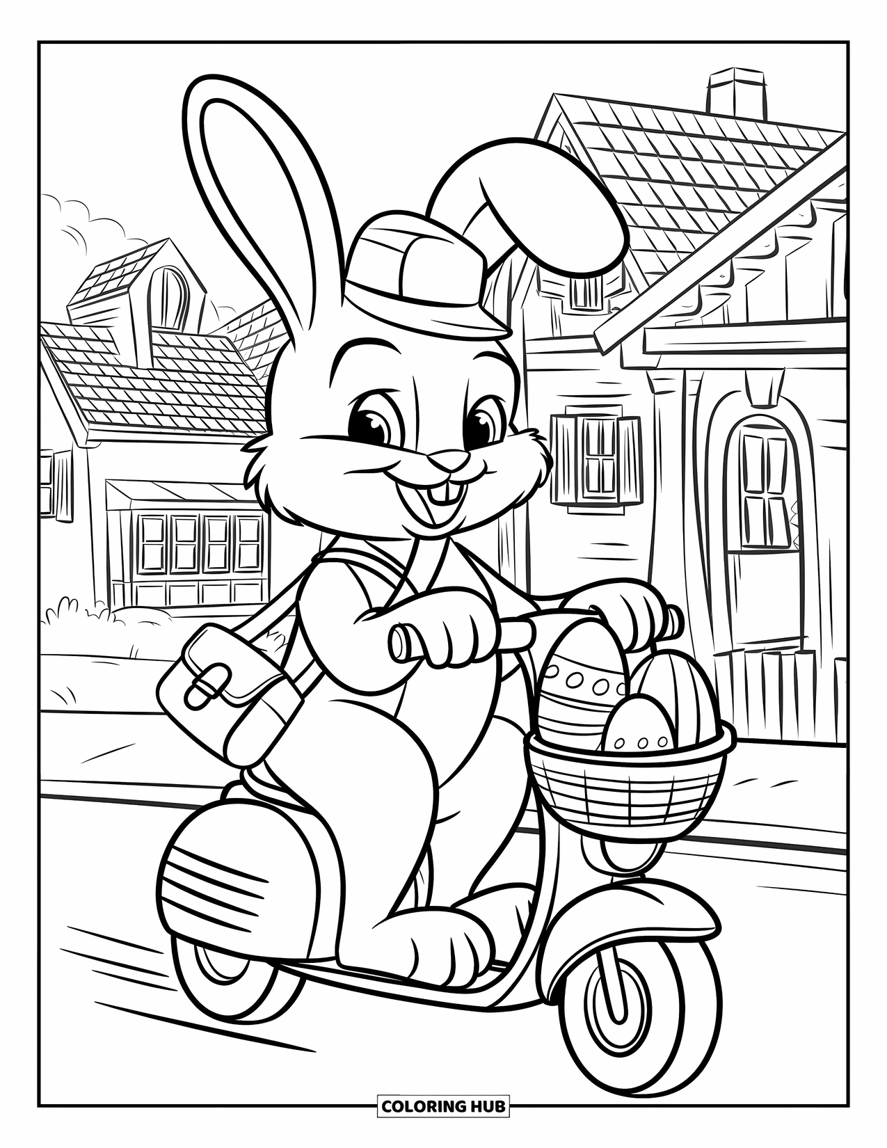 Kolorowanka z Królikiem Wielkanocnym dla dzieci: Królik jedzie na skuterze, dostarczając ozdobione jajka z koszyka w uroczym miasteczku