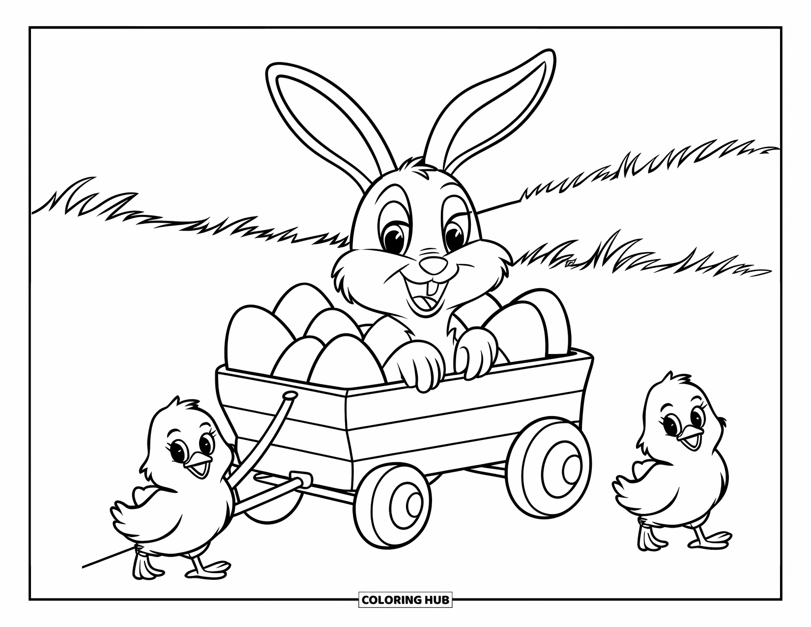 Kolorowanka z Królikiem Wielkanocnym dla dzieci: Królik jedzie w wozie pełnym jajek, a dwa małe kurczaczki ciągną go przez pole