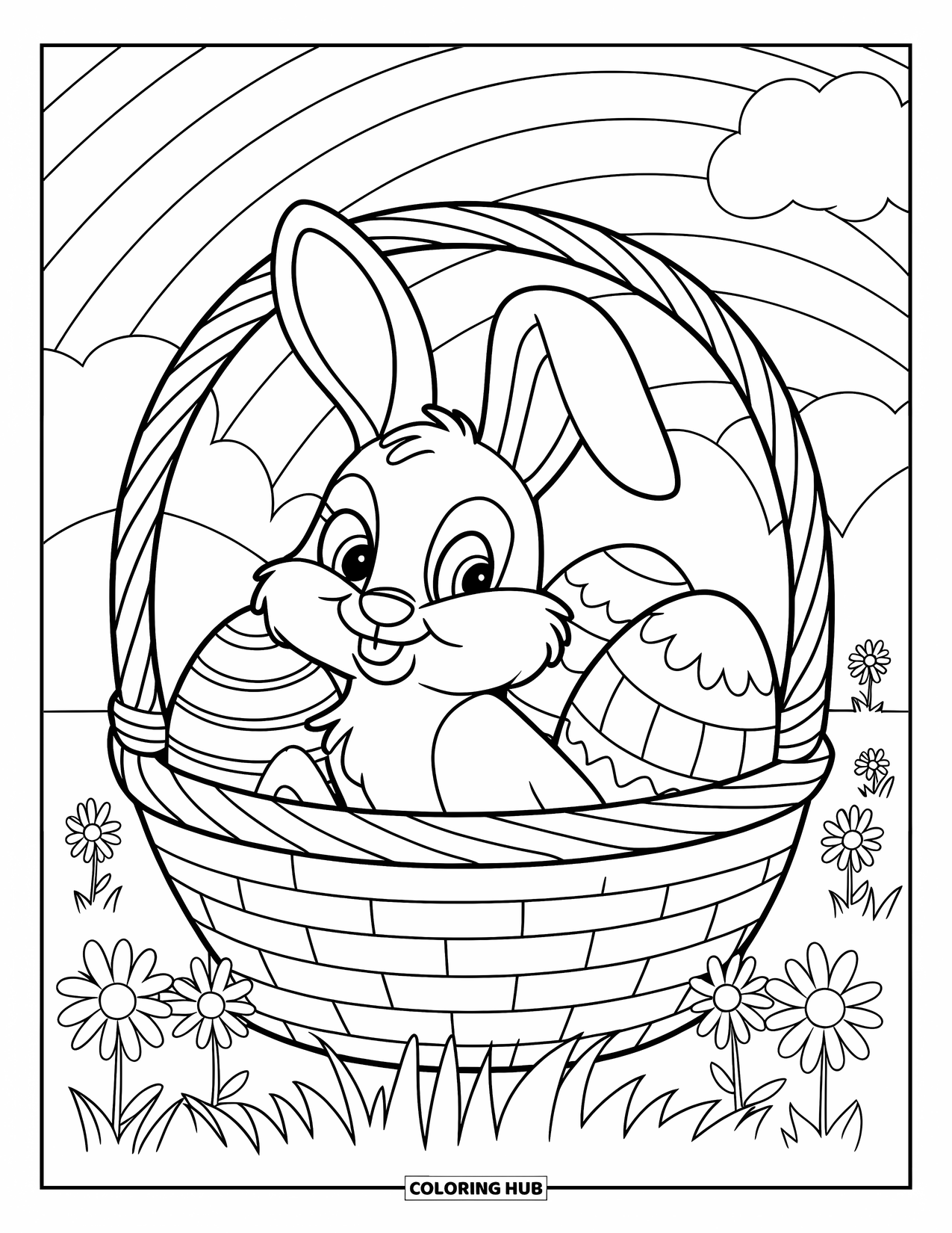 Kolorowanka z Królikiem Wielkanocnym dla dzieci: Królik siedzi w koszyku na trawiastym polu z stokrotkami, a w tle widać tęczę
