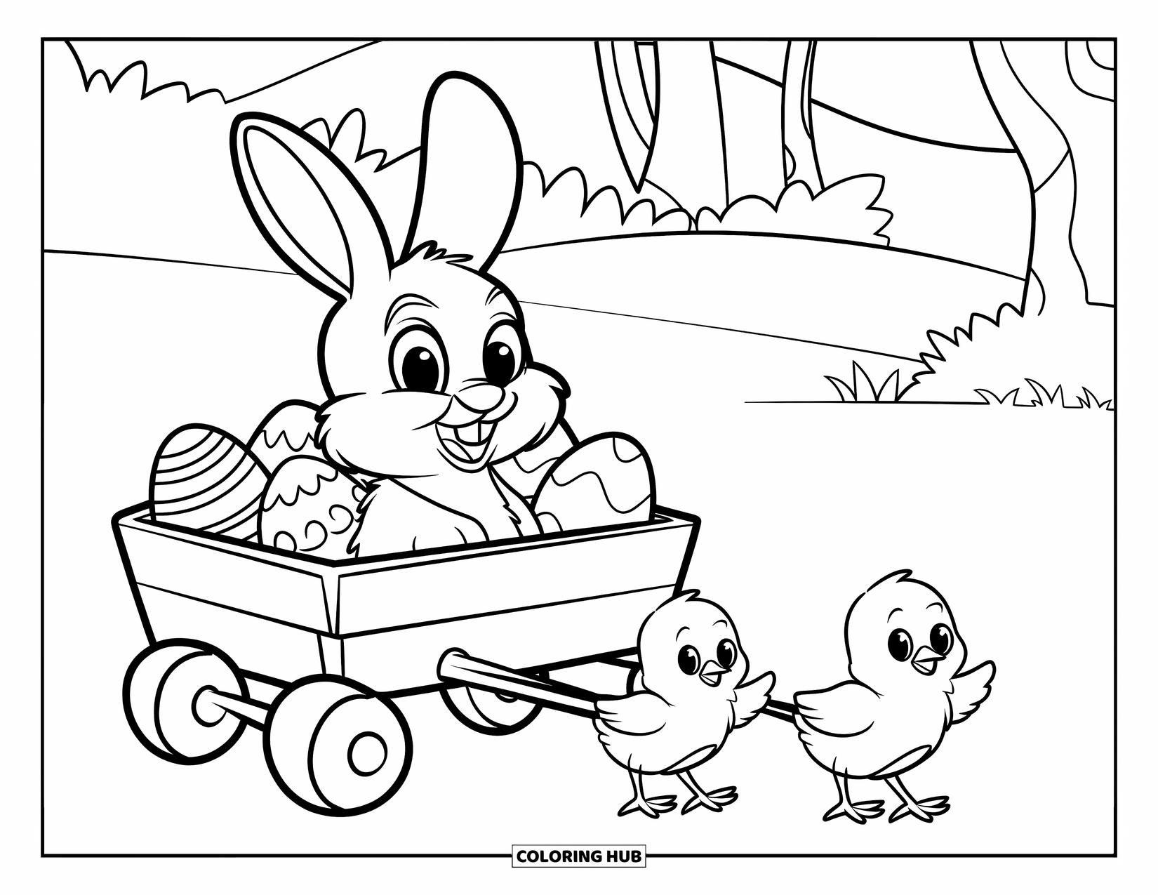 Kolorowanka z Królikiem Wielkanocnym dla dzieci: Królik siedzi w wozie pełnym pisanek, ciągniętym przez dwa malutkie kurczaczki