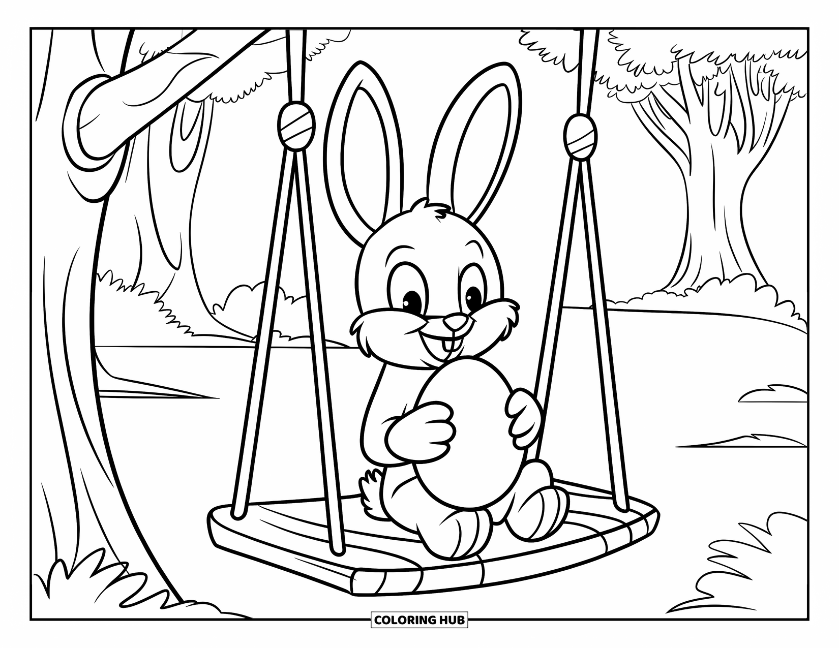Kolorowanka z Królikiem Wielkanocnym dla dzieci: Królik siedzi na huśtawce, trzymając jajko, kołysząc się pod drzewami