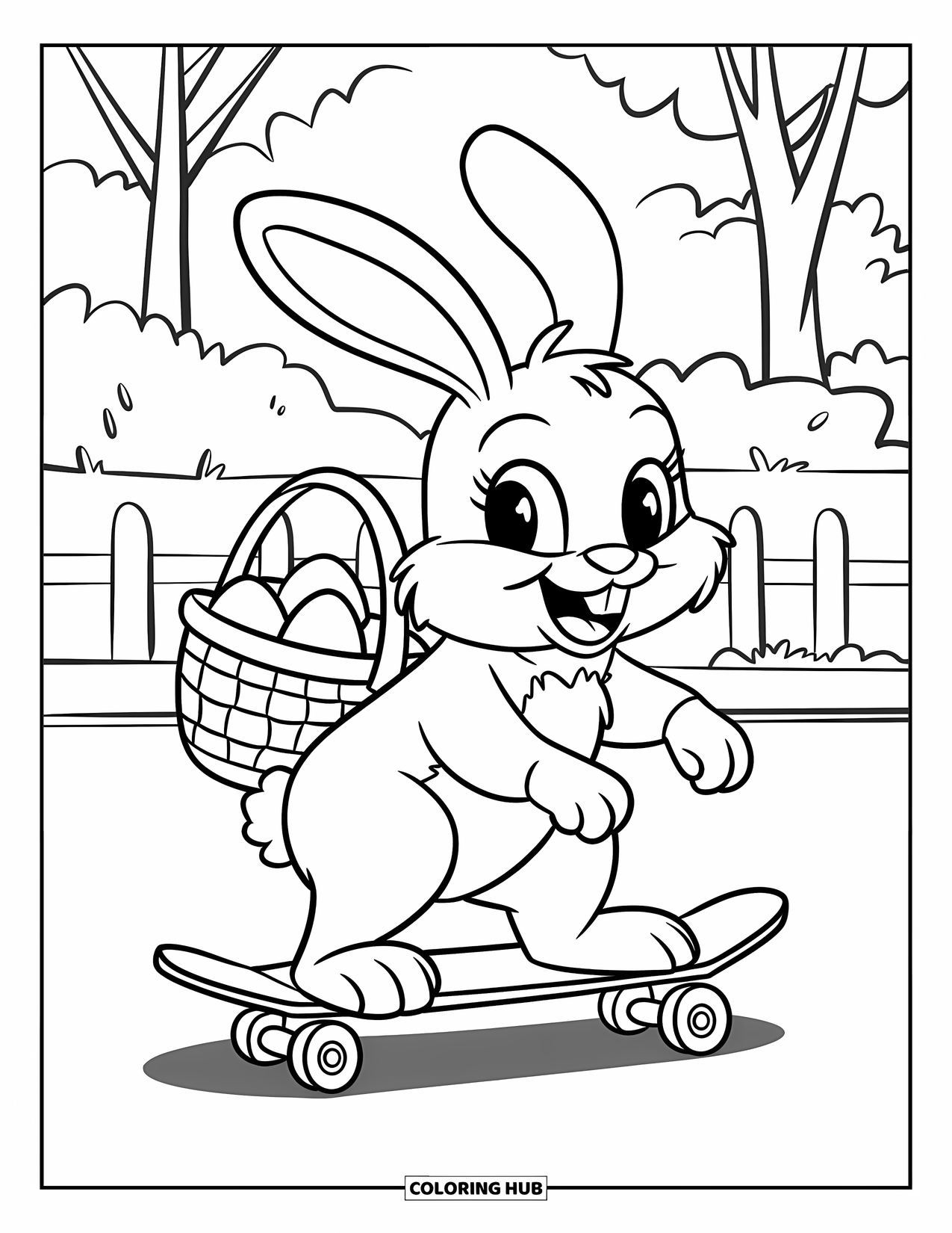 Kolorowanka z Królikiem Wielkanocnym dla dzieci: Królik pędzi na deskorolce, niosąc koszyk z jajkami, jadąc obok drzew i płotu