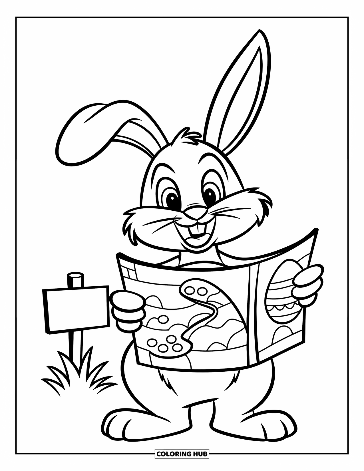 Kolorowanka z Królikiem Wielkanocnym dla dzieci: Królik studiuje mapę, szukając ukrytego jajka ze słupkiem w pobliżu