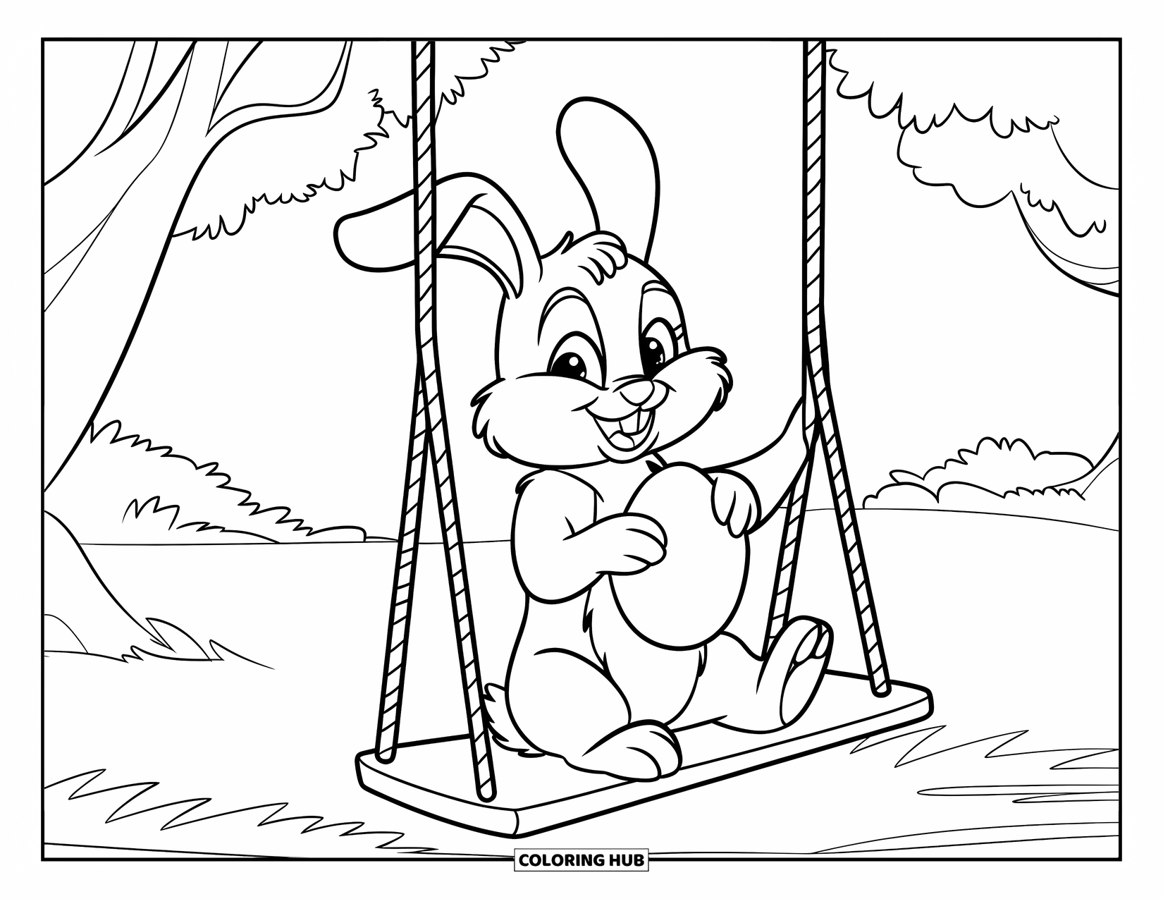 Kolorowanka z Królikiem Wielkanocnym dla dzieci: Królik kołysze się na huśtawce, trzymając jajko obiema łapami w spokojnym otoczeniu