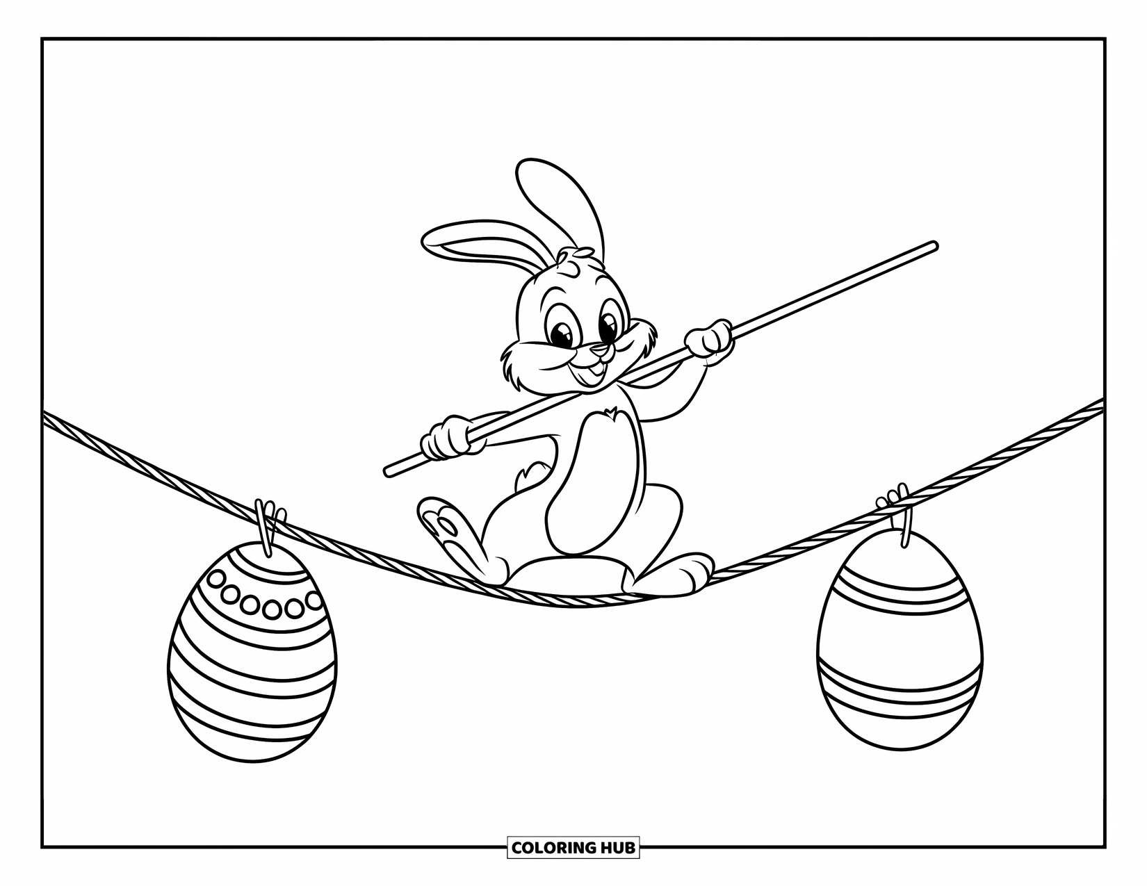 Kolorowanka z Królikiem Wielkanocnym dla dzieci: Królik idzie po linie, utrzymując równowagę za pomocą tyczki, a z każdego końca zwisają jajka