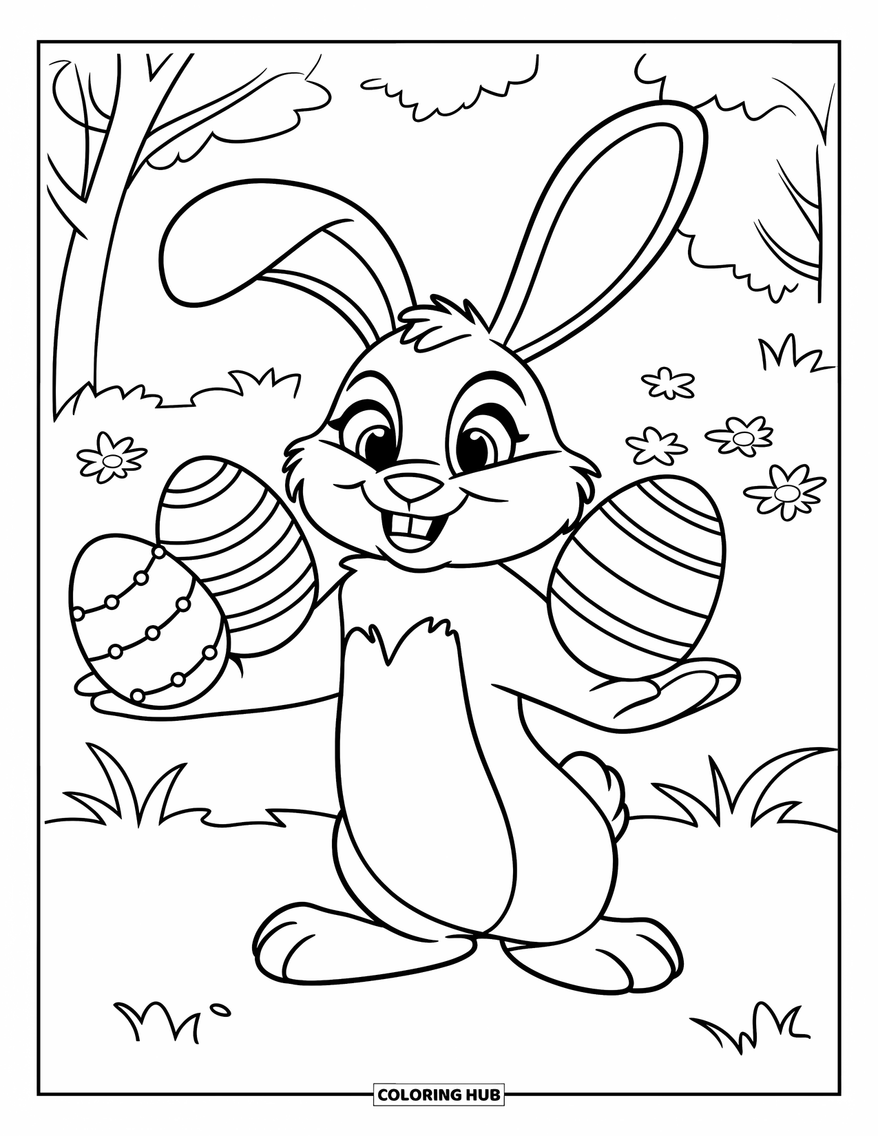 Kolorowanka z Królikiem Wielkanocnym dla dzieci: Królik z uroczym wyrazem twarzy próbuje balansować trzema jajkami, stojąc na trawiastym polu