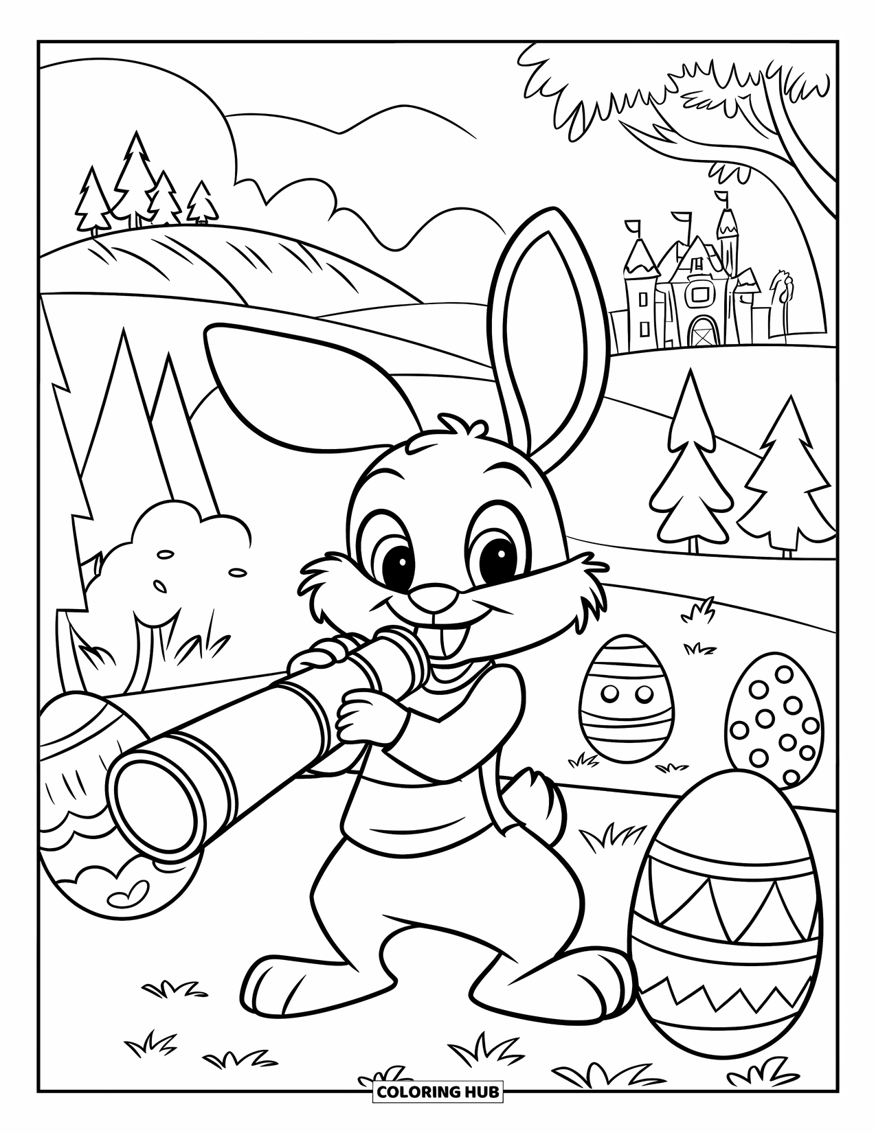 Kolorowanka z Królikiem Wielkanocnym dla dzieci: Króliczek z teleskopem skanuje krajobraz w poszukiwaniu pisanek, z zamkiem w tle