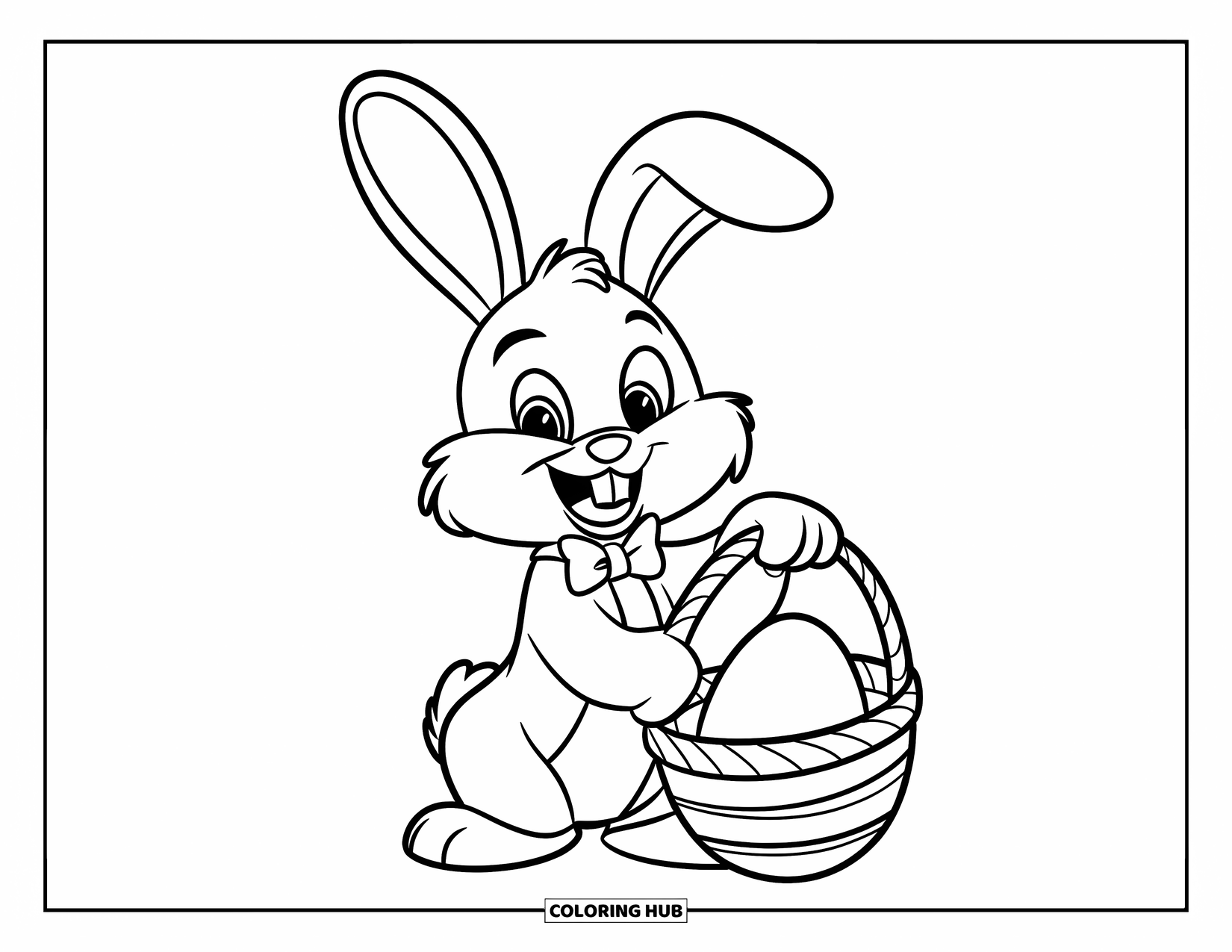 Kolorowanka z Królikiem Wielkanocnym dla dzieci: Królik z dużymi uszami i figlarnym uśmiechem trzyma koszyk z dużym jajkiem w środku