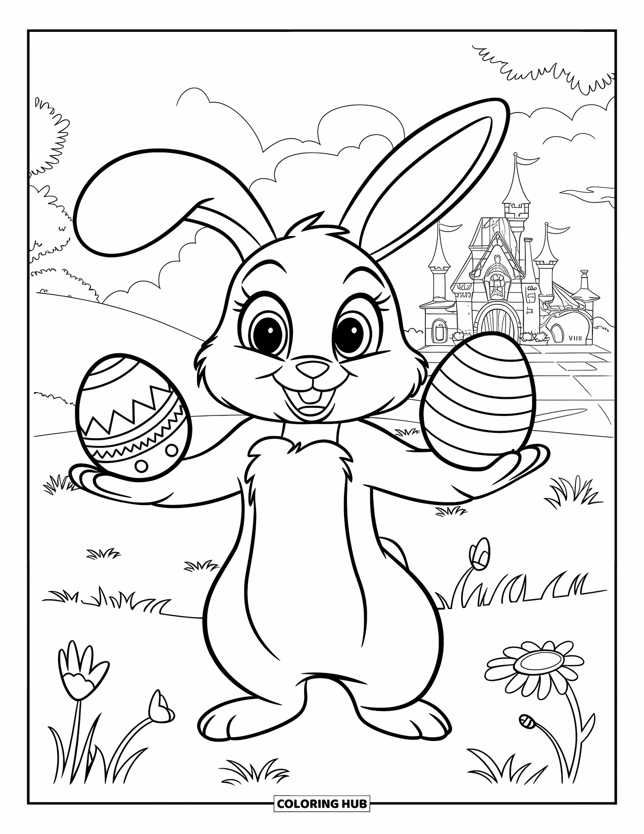 Kolorowanka z Królikiem Wielkanocnym dla dzieci: Królik z dużymi oczami balansuje trzema jajkami w łapach, a w tle widać zamek