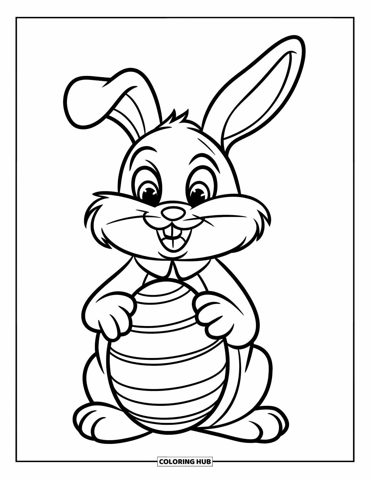 Kolorowanka z Królikiem Wielkanocnym dla dzieci: Pulchny królik z nastawionymi uszami siedzi z dużym jajkiem na kolanach, nosząc obrożę