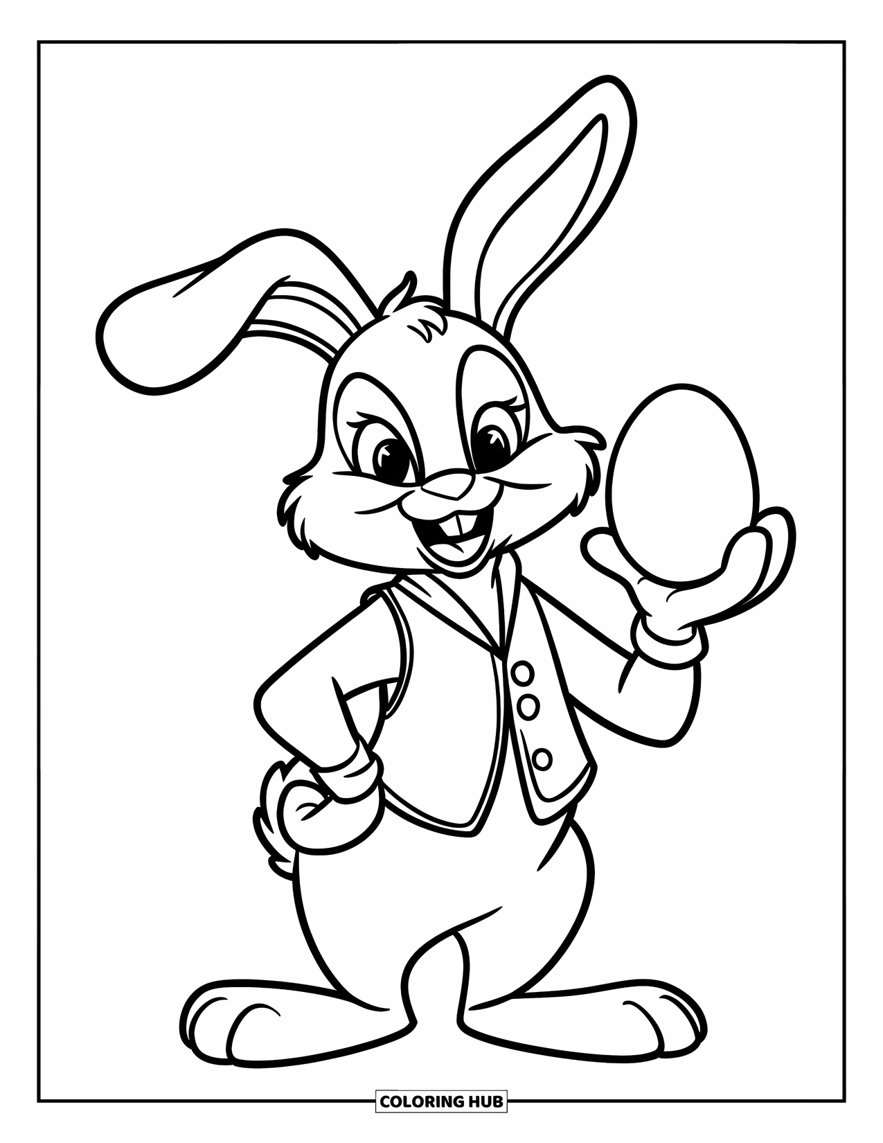 Kolorowanka z Królikiem Wielkanocnym dla dzieci: Pewny siebie Królik Wielkanocny w kamizelce trzyma jajko jak magik, który zaraz ujawni sztuczkę
