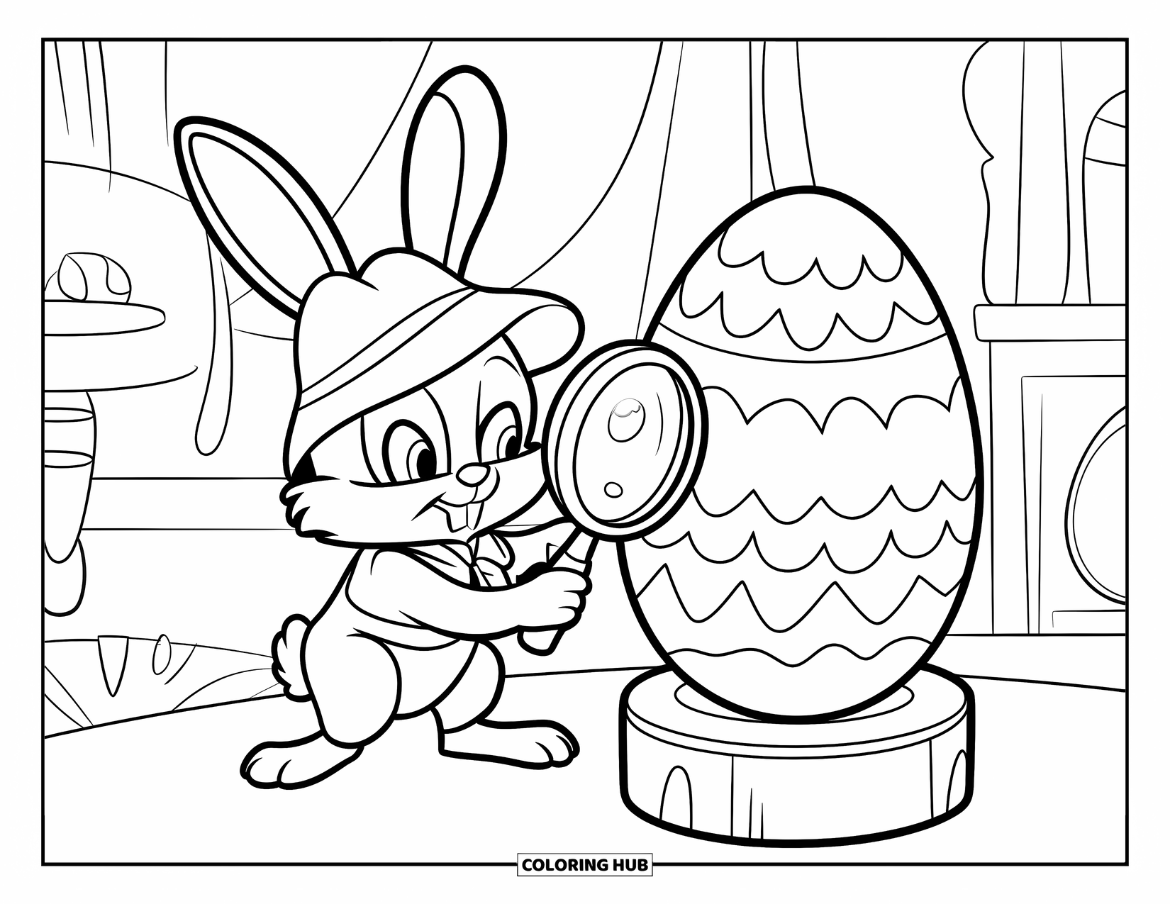 Kolorowanka z Królikiem Wielkanocnym dla dzieci: Królik detektyw bada duże jajko na drewnianej podstawie, otoczone przytulnymi detalami pokoju