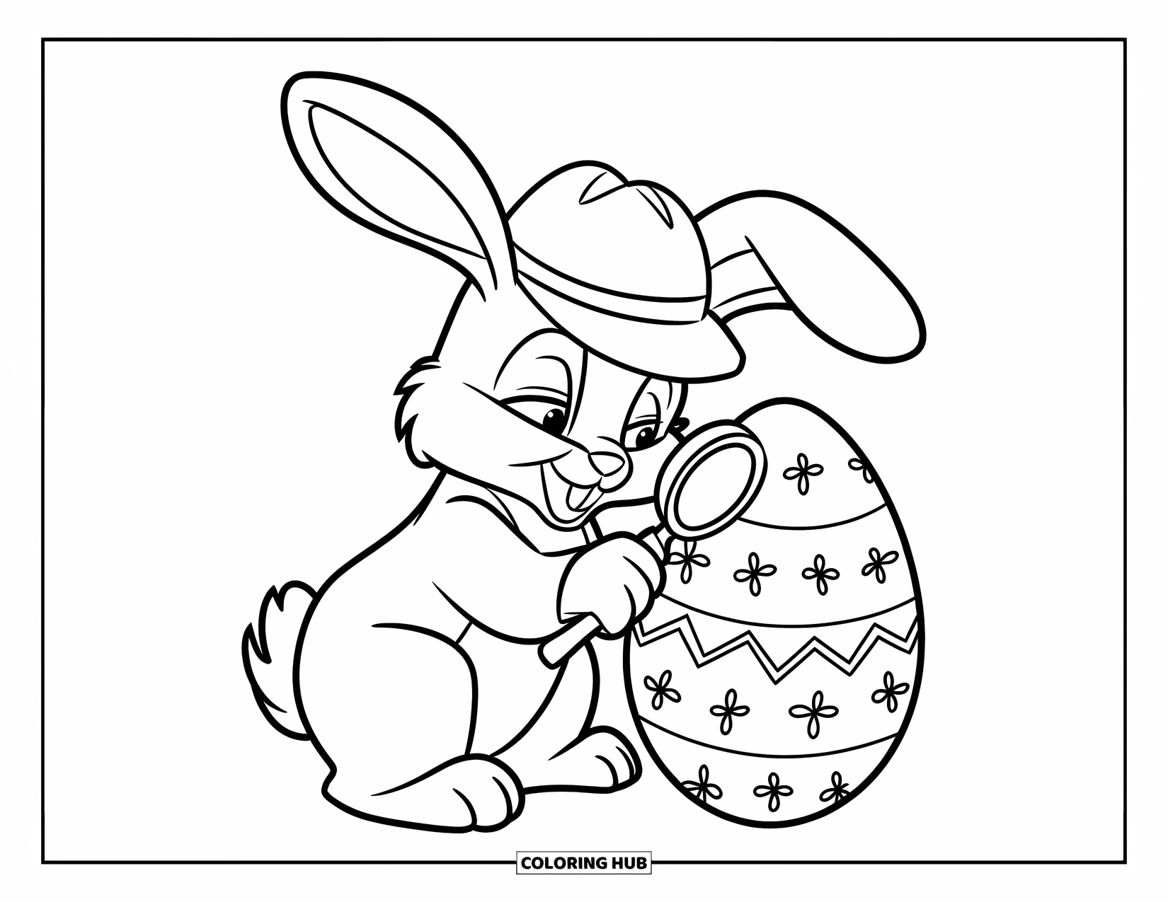 Kolorowanka z Królikiem Wielkanocnym dla dzieci: Królik detektyw bada jajko przez lupę, szukając ukrytych wzorów
