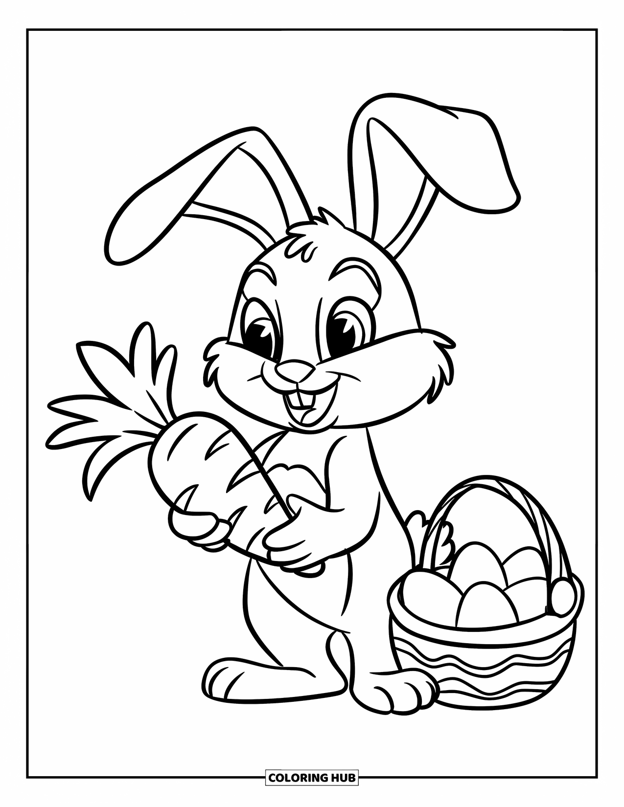 Kolorowanka z Królikiem Wielkanocnym dla dzieci: Radosny królik trzyma gigantyczną marchewkę obok pełnego koszyka pisanek