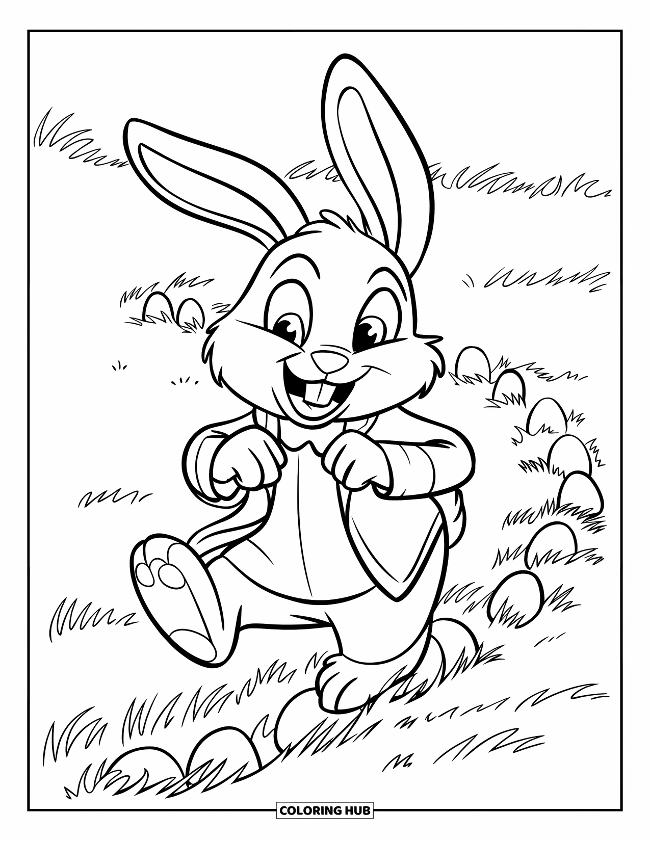 Kolorowanka z Królikiem Wielkanocnym dla dzieci: Skaczący Królik Wielkanocny zostawia za sobą ślad małych jajek, ubrany w płaszcz i obrożę
