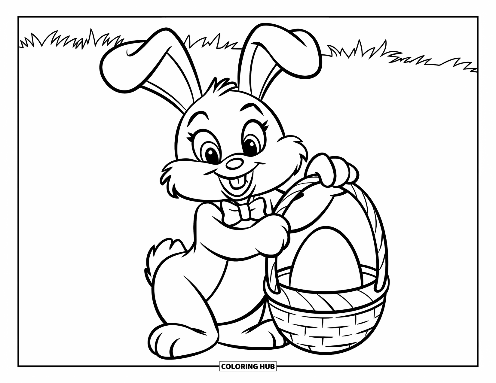 Kolorowanka z Królikiem Wielkanocnym dla dzieci: Królik z okrągłym brzuszkiem i muszką niesie koszyk z dużym jajkiem na trawiastym polu