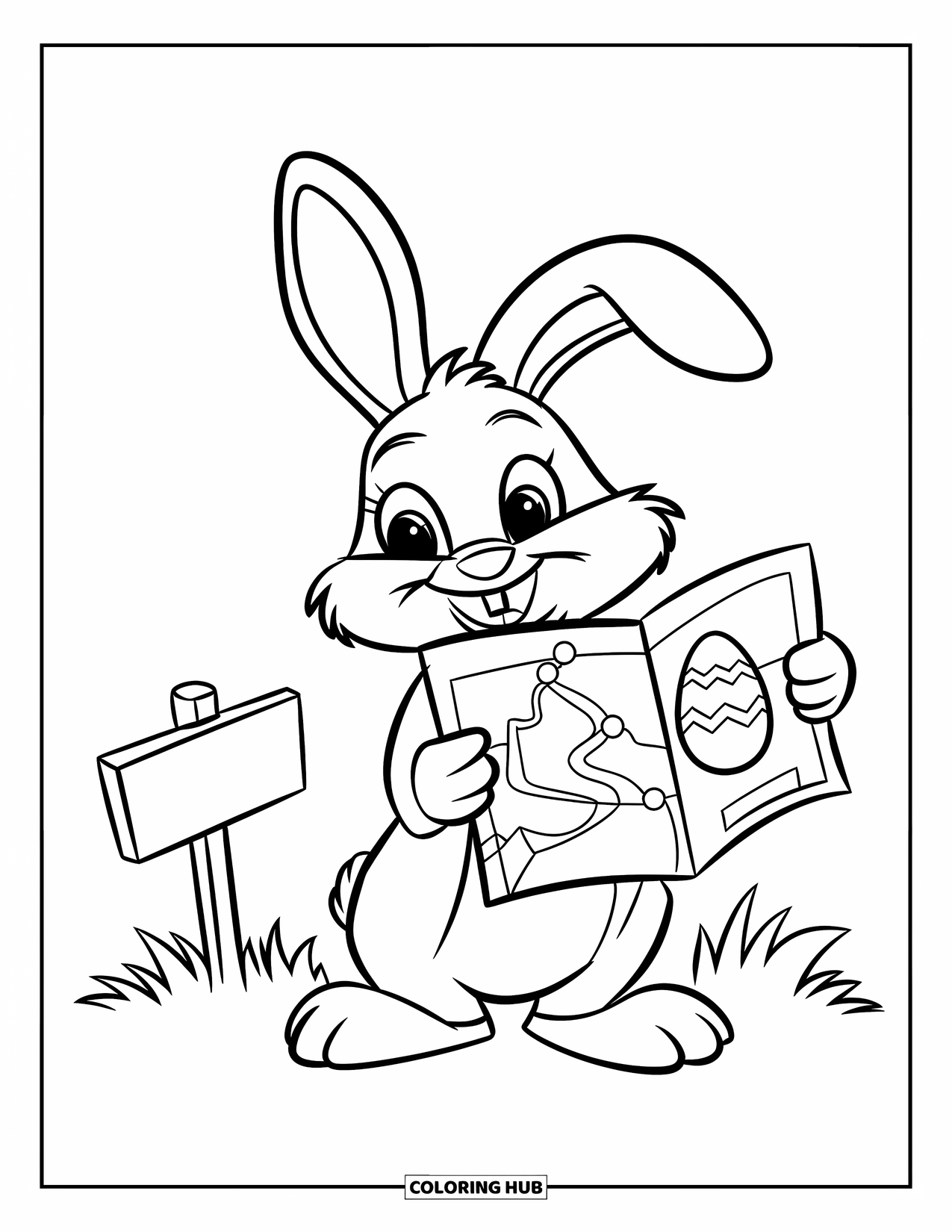 Kolorowanka z Królikiem Wielkanocnym dla dzieci: Królik Wielkanocny trzyma mapę, podążając szlakiem do ukrytego jajka w pobliżu małego słupka