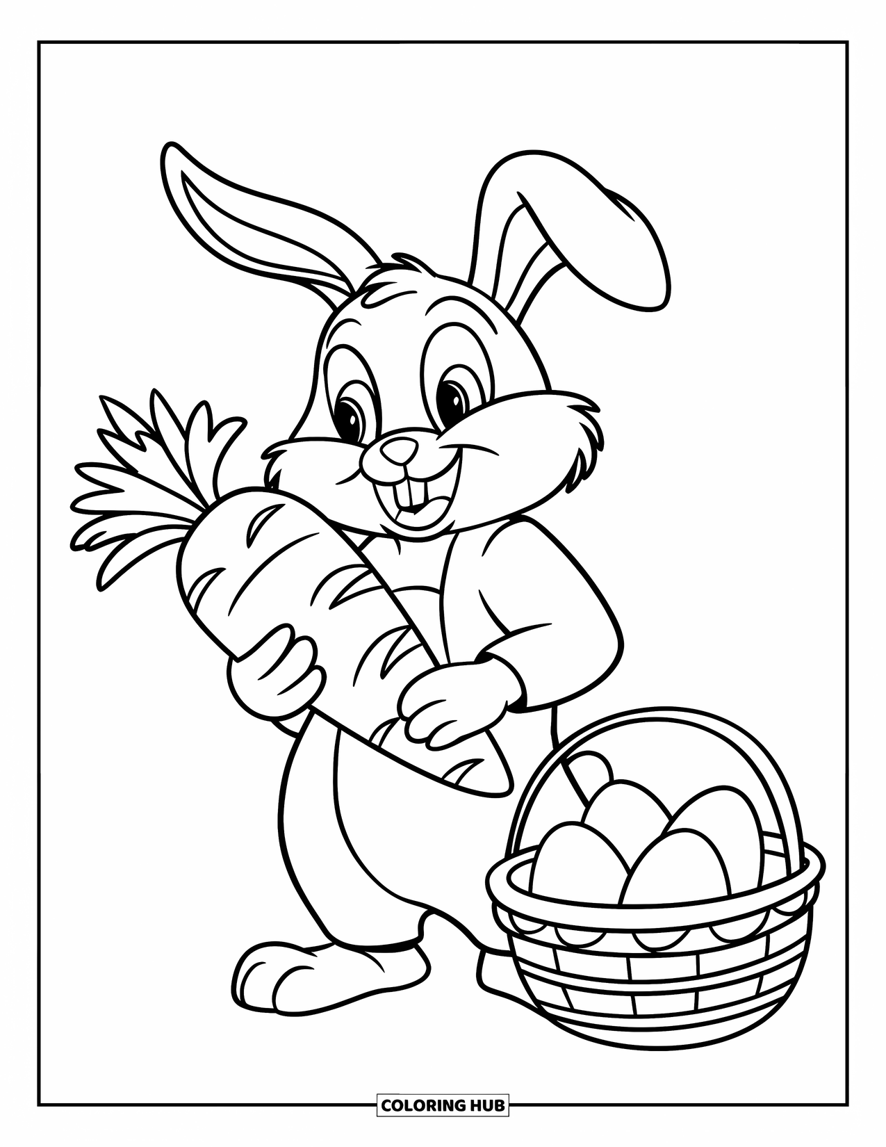 Kolorowanka z Królikiem Wielkanocnym dla dzieci: Królik Wielkanocny trzyma ogromną marchewkę, stojąc obok koszyka z jajkami