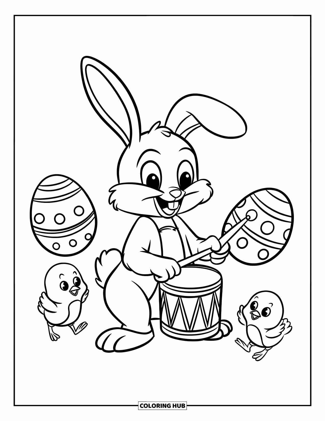 Kolorowanka z Królikiem Wielkanocnym dla dzieci: Królik Wielkanocny gra na małym bębenku, a dwa małe kurczaczki skaczą wokół toczących się jajek
