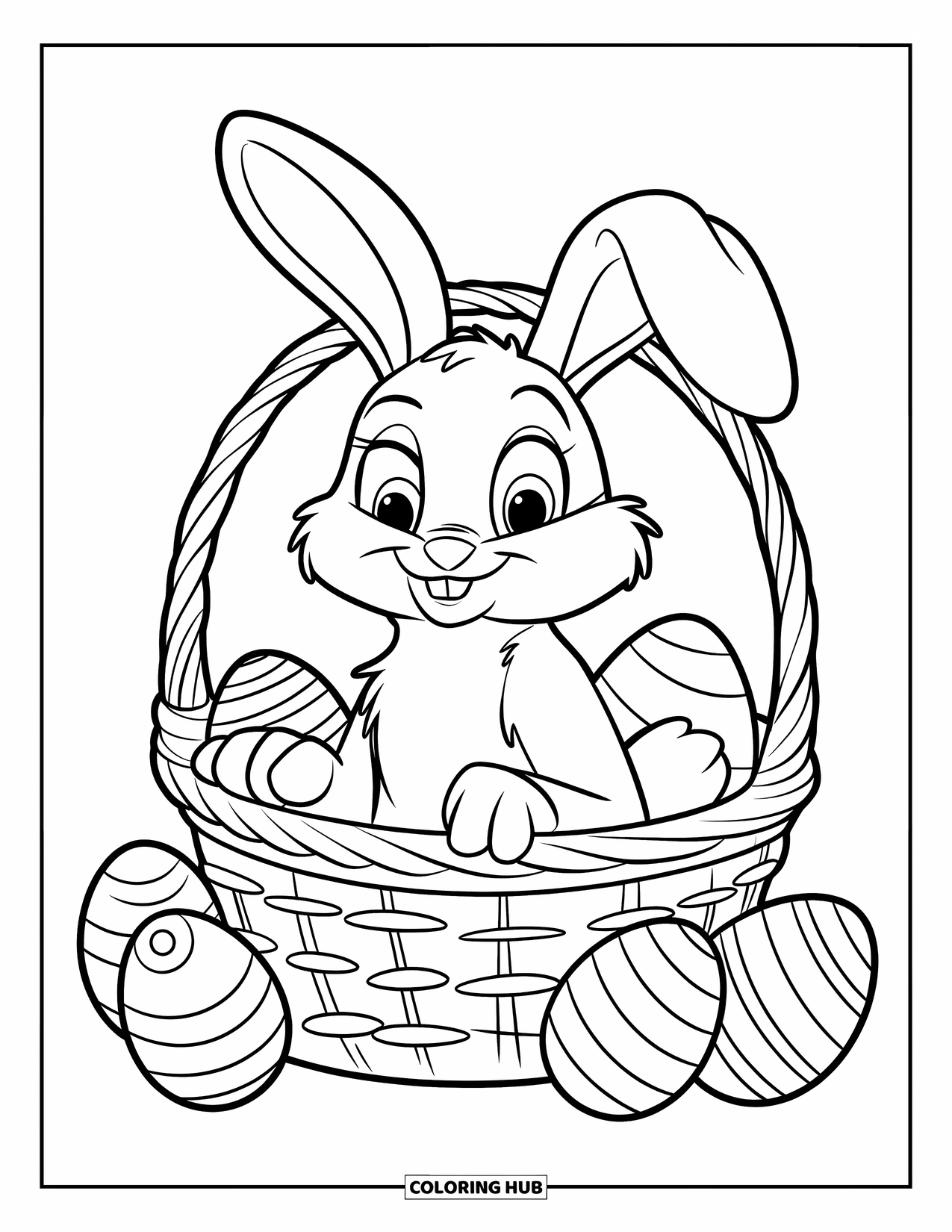 Kolorowanka z Królikiem Wielkanocnym dla dzieci: Królik Wielkanocny siedzi w koszyku z zaciekawionym wyrazem twarzy, otoczony kilkoma jajkami