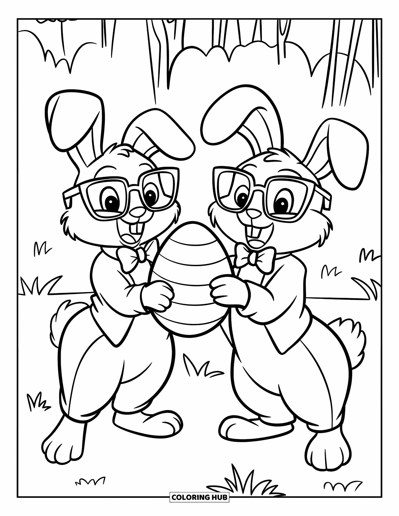 Kolorowanka z Królikiem Wielkanocnym dla dzieci: Dwa króliki w okularach stoją na trawiastym polu, poprawiając muszkę i trzymając cenne jajko