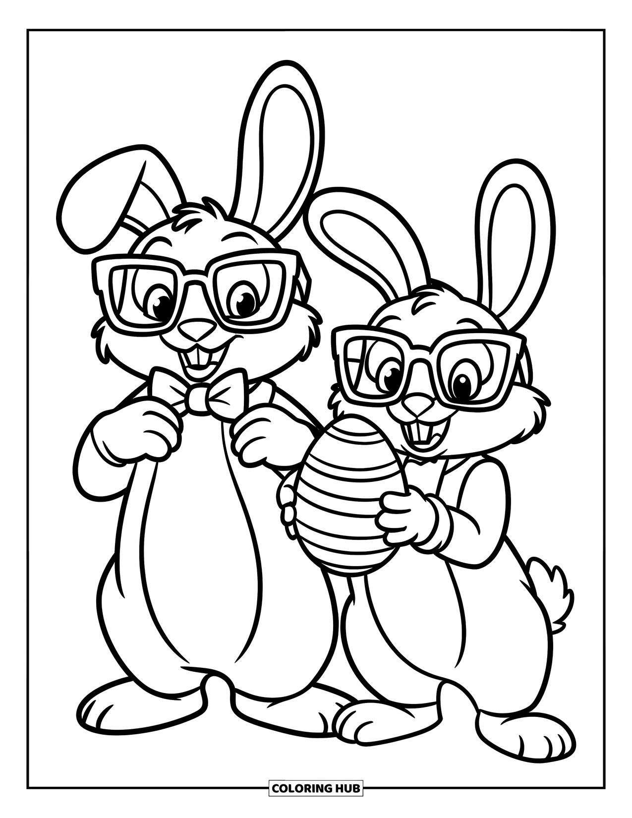 Kolorowanka z Królikiem Wielkanocnym dla dzieci: Dwa stylowe króliczki w okularach pozują z pewnością siebie, jeden poprawia muszkę, drugi trzyma jajko