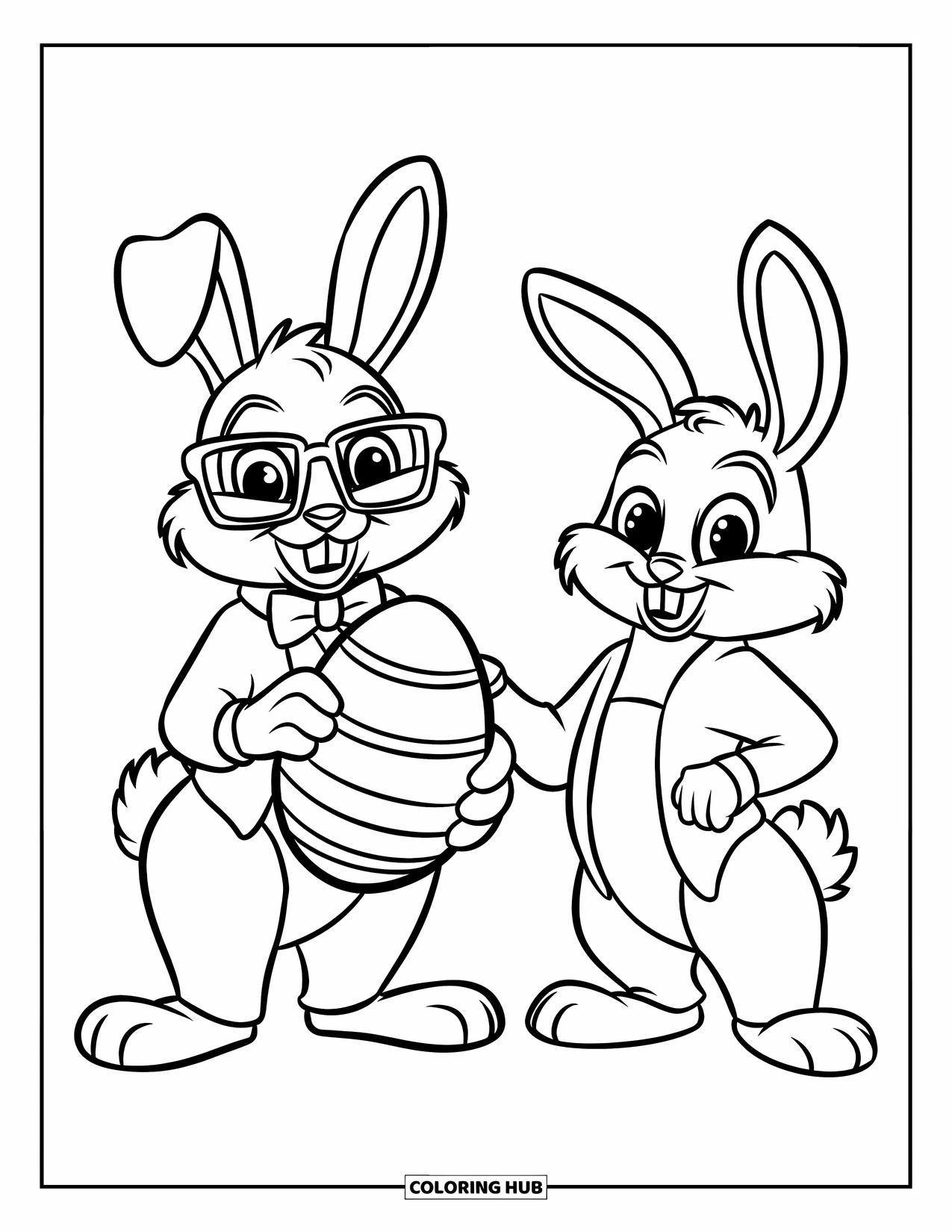 Kolorowanka z Królikiem Wielkanocnym dla dzieci: Dwa stylowe króliki stoją obok siebie, jeden poprawia muszkę, a drugi trzyma ozdobione jajko