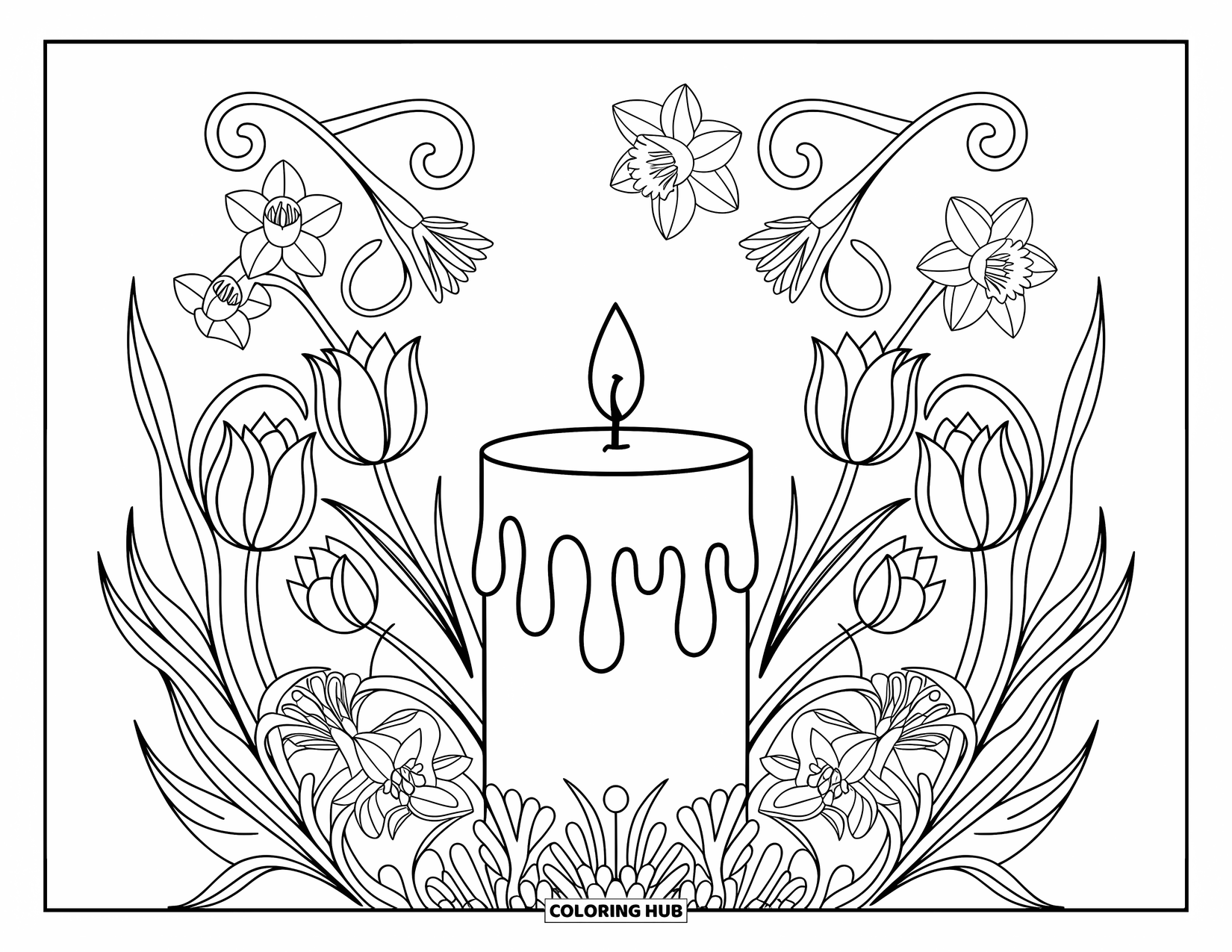 Kolorowanka Wielkanocna dla dorosłych: Pięknie wykonana świeca wielkanocna z kapiącym woskiem, umieszczona w kwiatowej aranżacji z tulipanów i pnączy