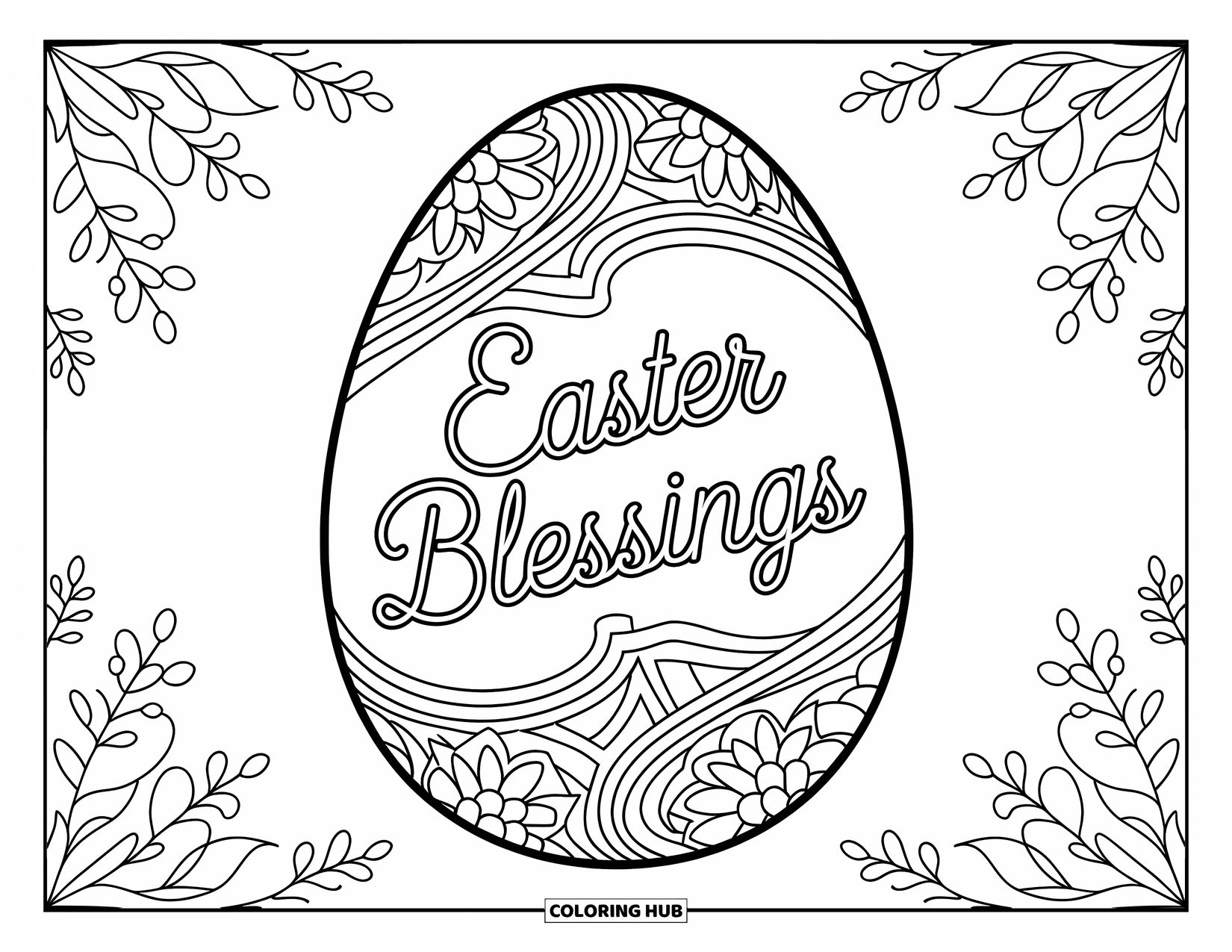 Kolorowanka Wielkanocna dla dorosłych: Pięknie ozdobione jajko z napisem "Błogosławieństwa Wielkanocne", otoczone szczegółowymi wzorami kwiatowymi i geometrycznymi