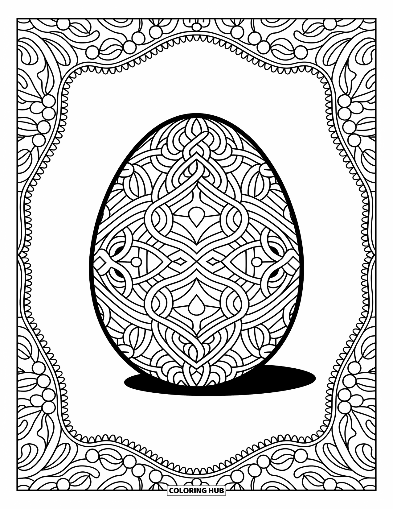 Kolorowanka Wielkanocna dla dorosłych: Pięknie szczegółowe jajko wielkanocne z kwiatowymi i filigranowymi wzorami, otoczone ozdobnym obramowaniem