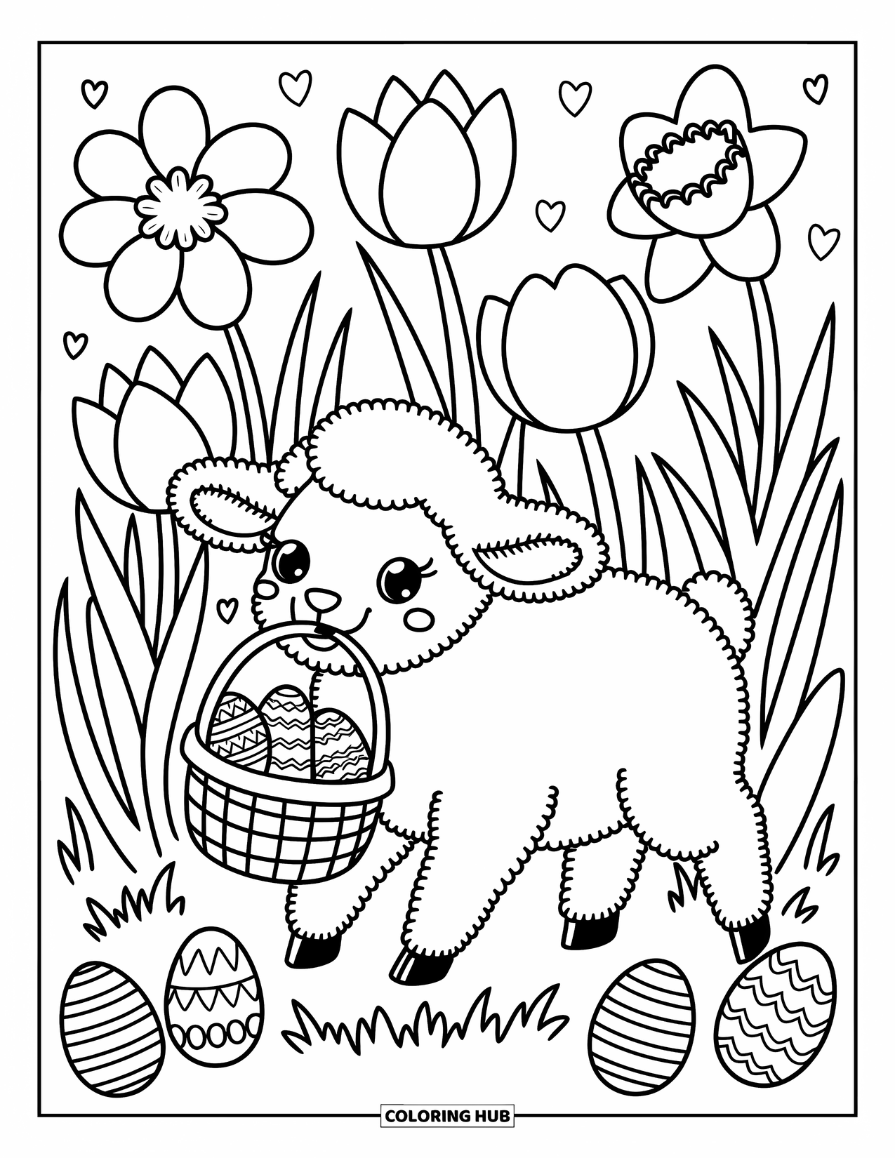 Kolorowanka wielkanocna dla dorosłych: Skaczący baranek niesie w pysku koszyk wielkanocny, radośnie skacząc przez pole tulipanów