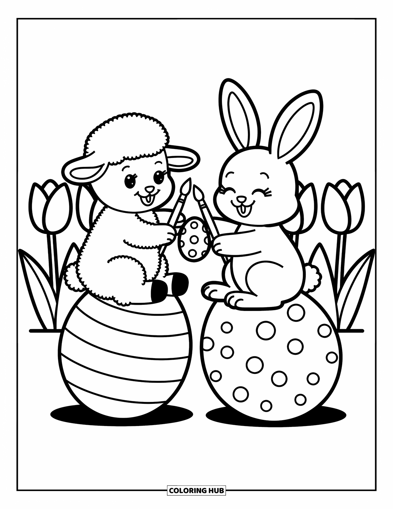 Kolorowanka wielkanocna dla dorosłych: Królik i baranek siedzą na dużym jajku wielkanocnym, malując wzory maleńkimi pędzelkami i figlarnymi plamami