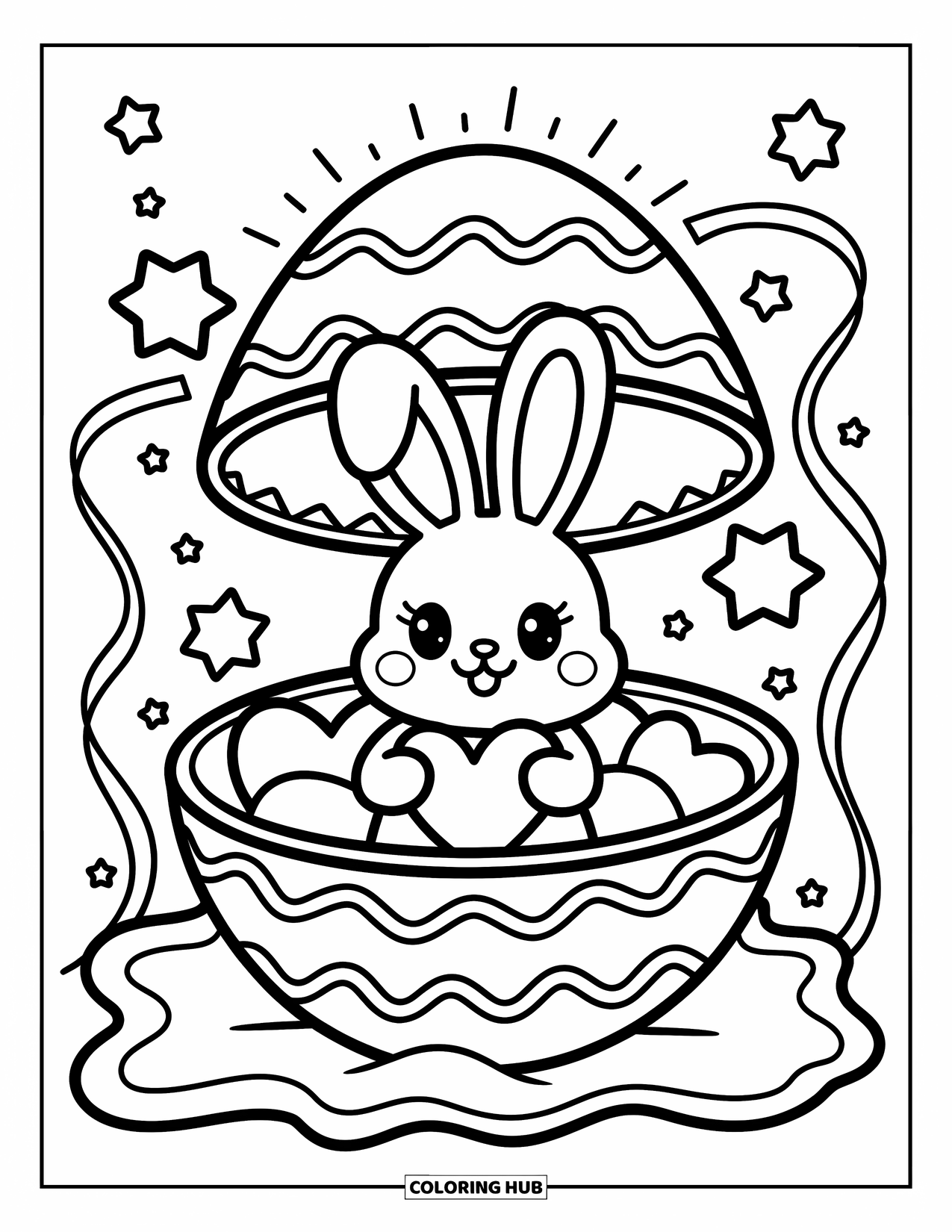 Kolorowanka wielkanocna dla dorosłych: Króliczek przytulnie odpoczywa w pękniętym jajku wielkanocnym, otoczony unoszącymi się gwiazdami i delikatnymi wstążkami