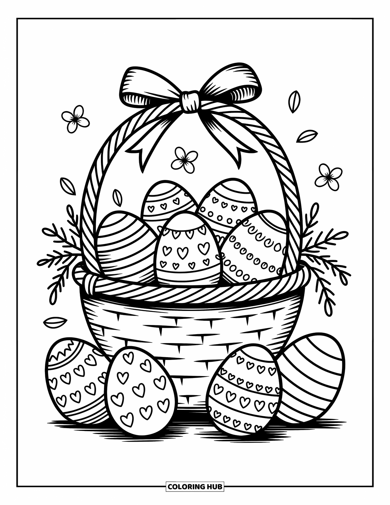 Kolorowanka wielkanocna dla dorosłych: Uroczy koszyk wielkanocny wypełniony uroczymi, wzorzystymi jajkami, owinięty wstążką z delikatnymi kwiatami