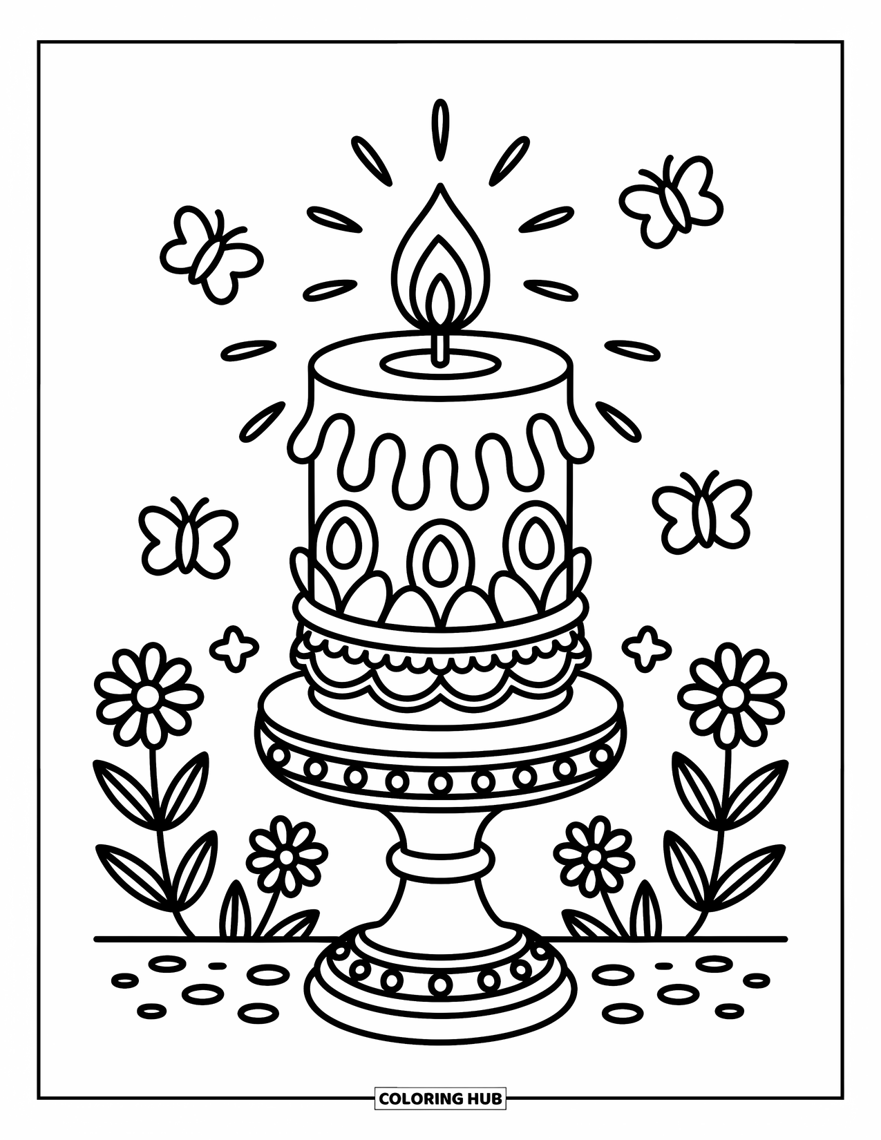 Kolorowanka wielkanocna dla dorosłych: Urocza świeca wielkanocna ze skomplikowanymi wzorami, delikatnie świecąca wśród kwiatów, wstążek i maleńkich motyli