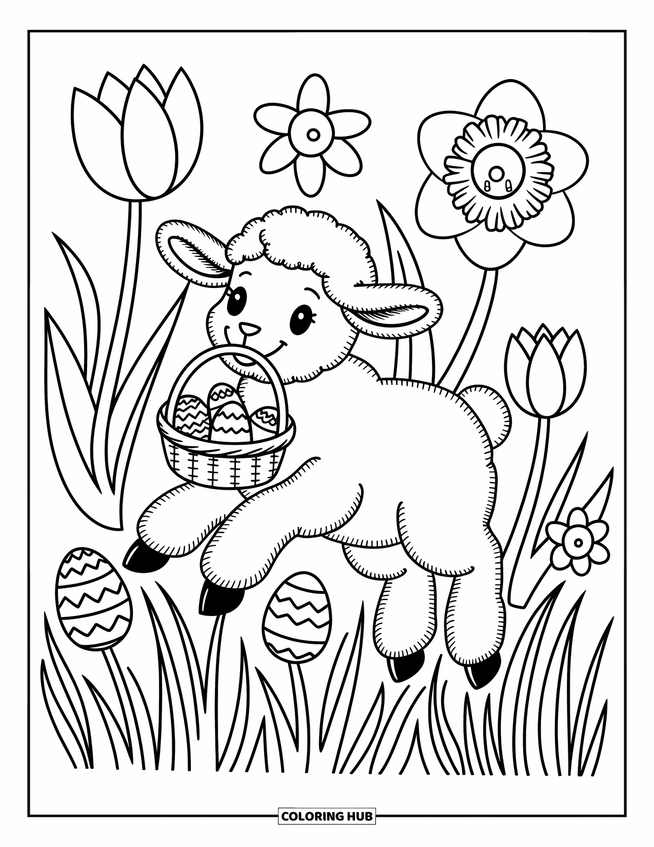 Kolorowanka wielkanocna dla dorosłych: Wesoły baranek skacze wśród przerośniętych tulipanów, niosąc mały koszyk wielkanocny wypełniony ozdobionymi jajkami