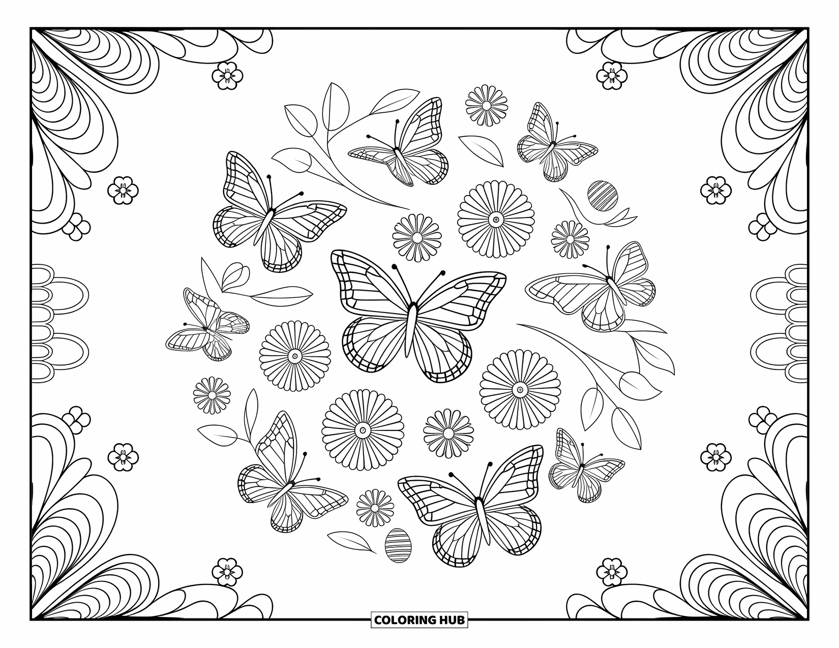 Kolorowanka wielkanocna dla dorosłych: Kolisty układ motyli i kwiatów wielkanocnych z delikatnymi detalami i maleńkimi ukrytymi jajkami