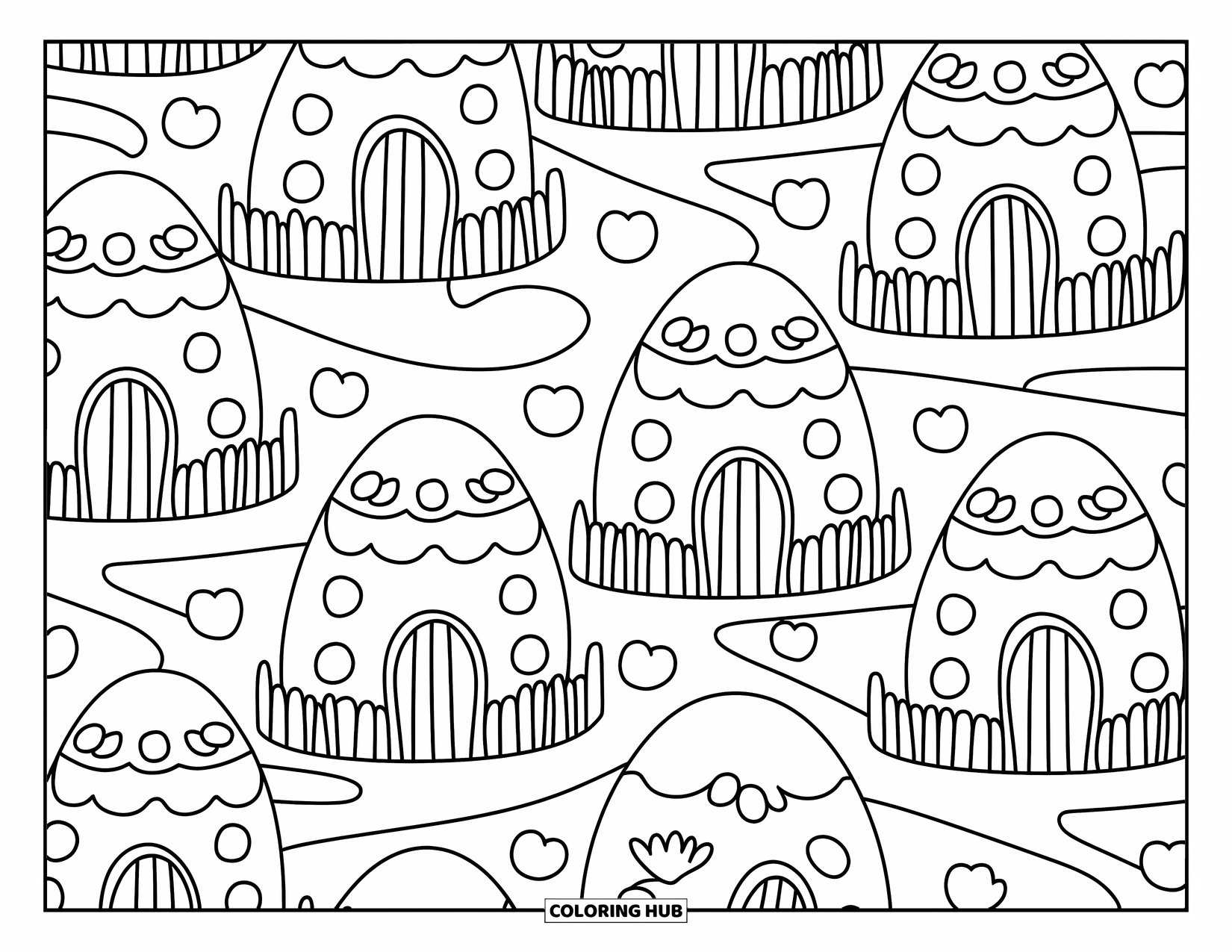 Kolorowanka wielkanocna dla dorosłych: Przytulna wioska wielkanocna z maleńkimi domkami w kształcie jajek, kominami z tulipanów i krętymi ścieżkami obsadzonymi kwiatami